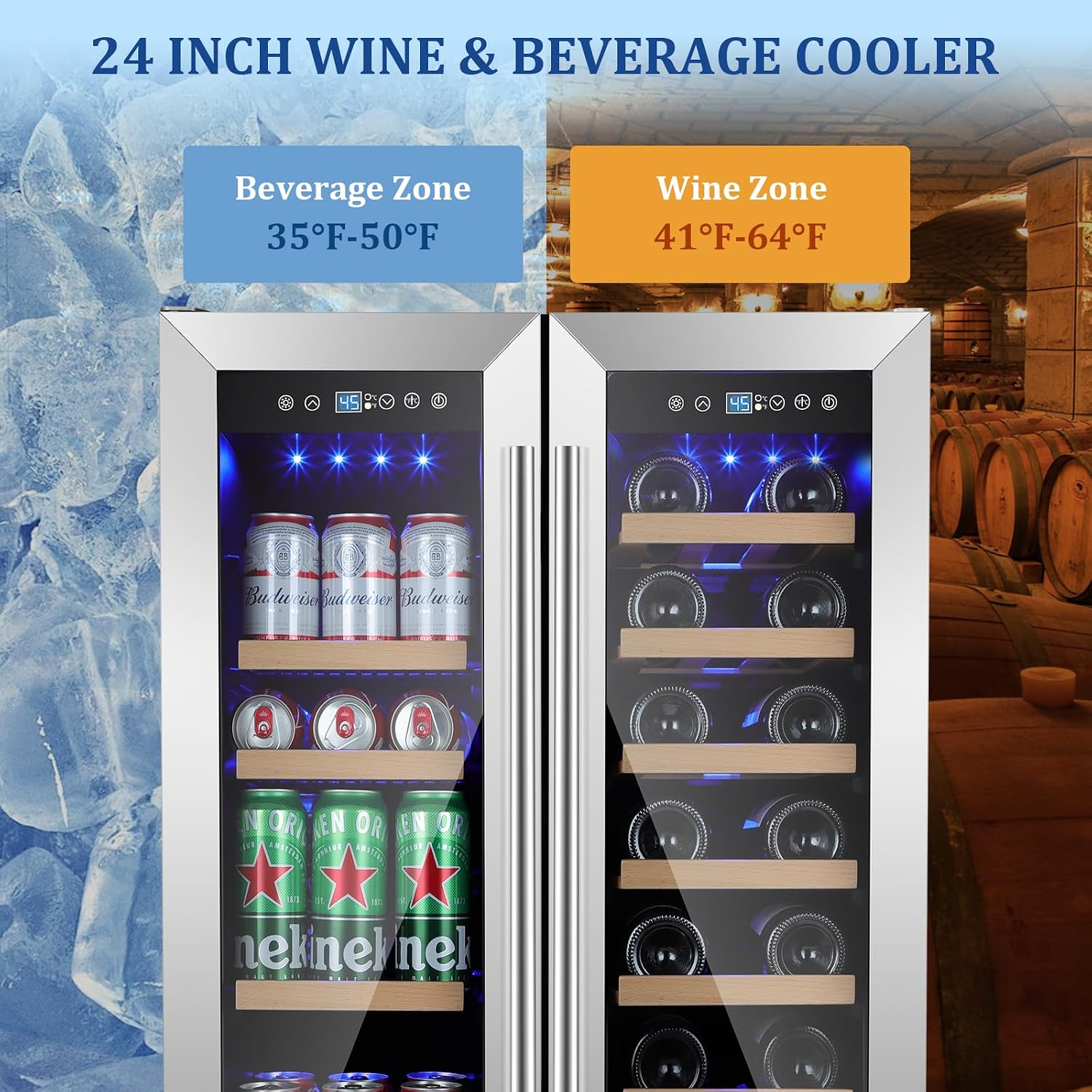 24 Inch Wine and Beverage Refrigerator, Dual Zone Beverage Cooler with Glass Door, Built-In or Freestanding Wine Fridge with Fast Cooling, 20 Bottles and 88 Cans Large Capacity