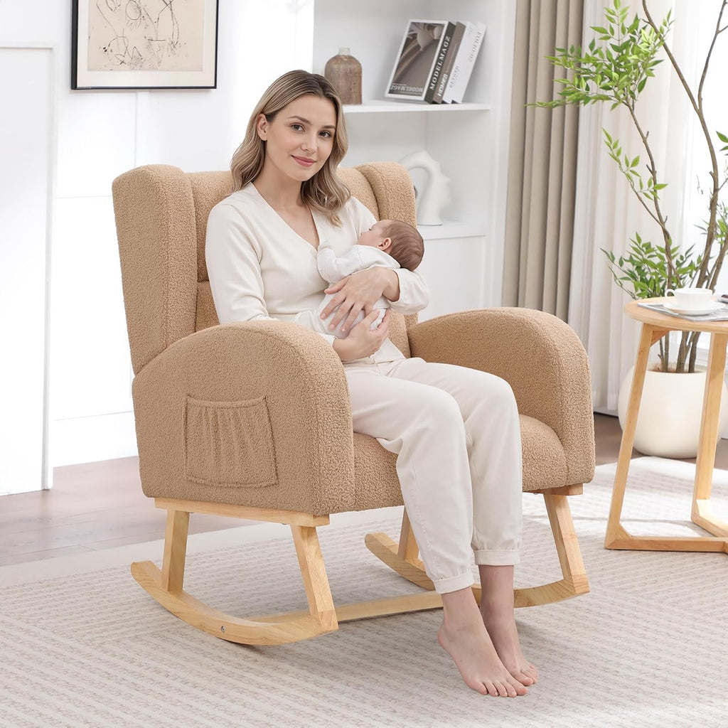 Rocking Chair Nursery,Teddy Nursery Rocking Chairs, Wingback Rocker for Nursery for Living Room Bedroom(Teddy Khaki)