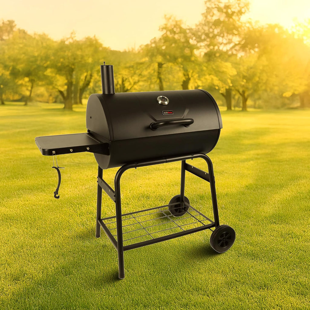 Grill Boss 30 Inch Barrel Charcoal Grill with Adjustable Grate, Large Cooking Area, Built In Temperature Gauge, and Durable Cast Iron Grates, Black