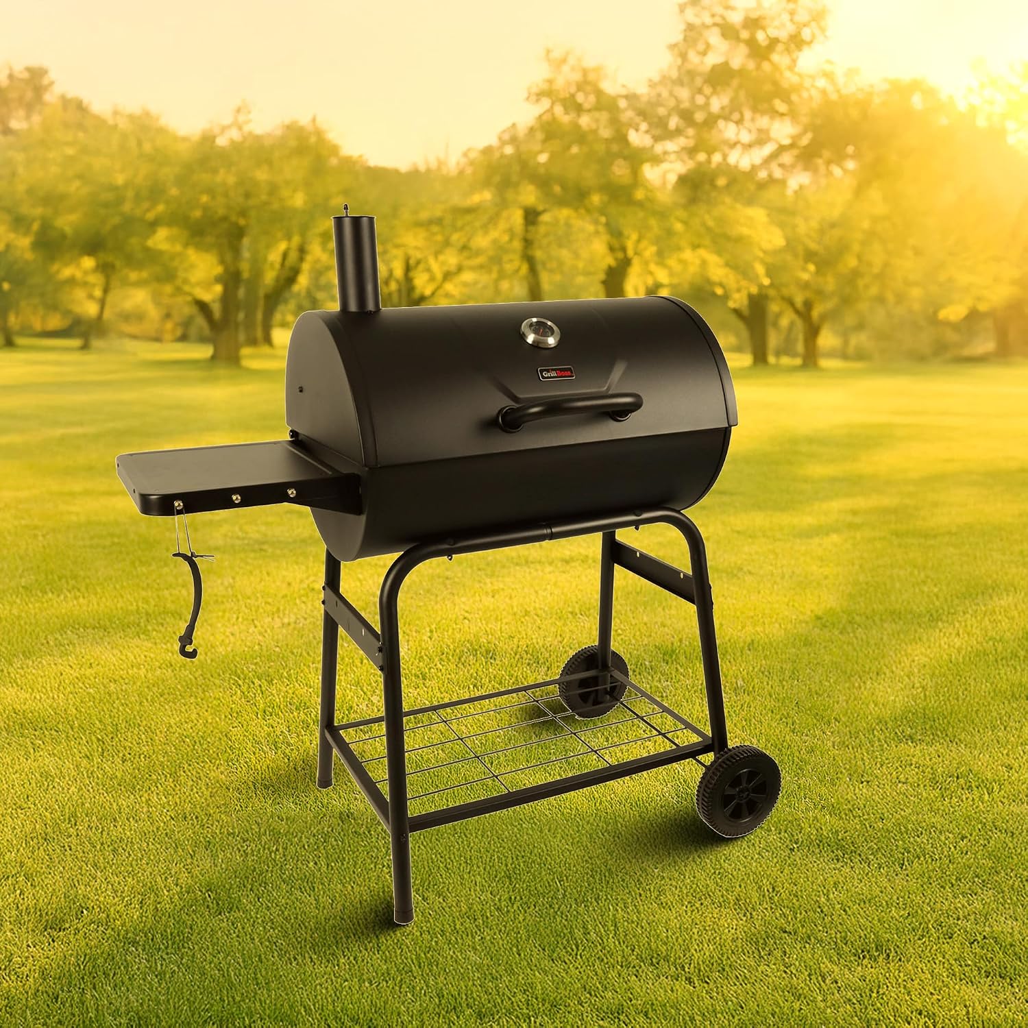 Grill Boss 30 Inch Barrel Charcoal Grill with Adjustable Grate, Large Cooking Area, Built In Temperature Gauge, and Durable Cast Iron Grates, Black