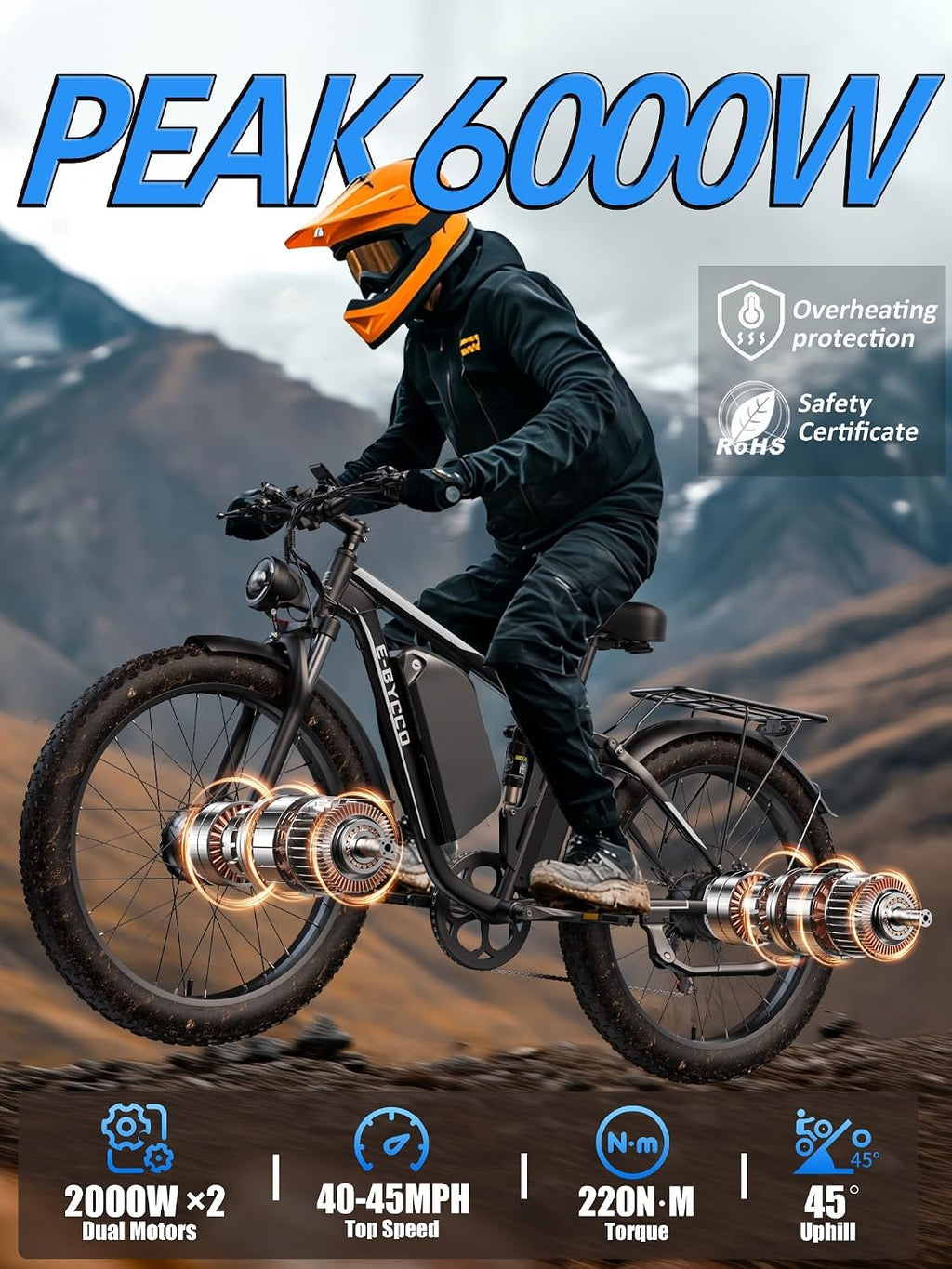 E·Bycco 6000W Peak Dual Motor Electric Bike for Adults, 52V 32AH Battery, Max 45MPH & 100Miles, Full Suspension, Hydraulic Brake, Fat Tire E-Bikes for Men Women