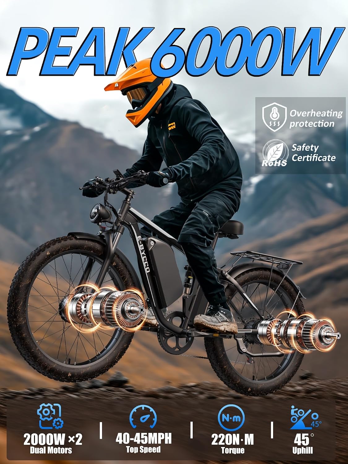 E·Bycco 6000W Peak Dual Motor Electric Bike for Adults, 52V 32AH Battery, Max 45MPH & 100Miles, Full Suspension, Hydraulic Brake, Fat Tire E-Bikes for Men Women