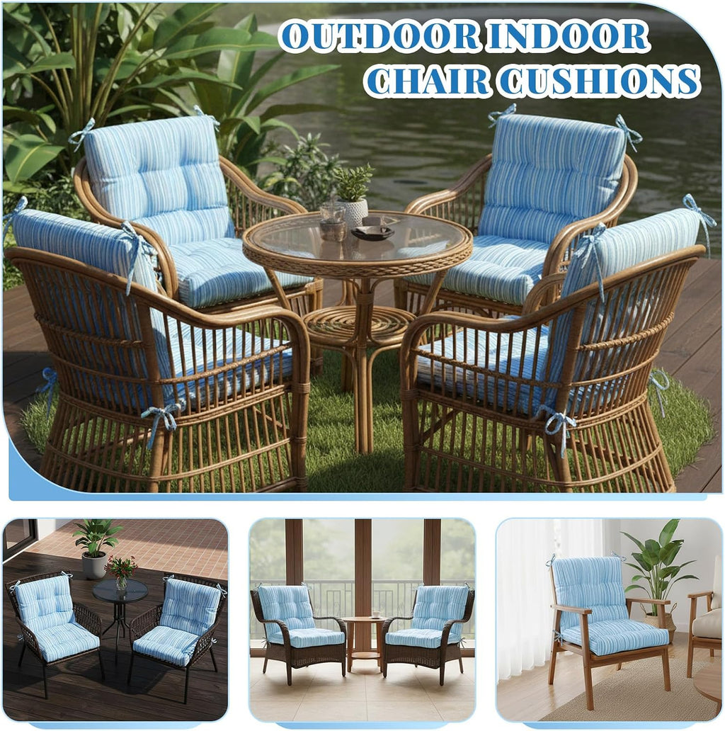 Marsui 4 Pcs Outdoor Indoor High Back Chair Cushions Patio Furniture Tufted Pillow with Ties Water-Resistant Replacement Outdoor Rocking Chair Cushions, 42 x 21 Inches (Blue Stripes,Stripes)