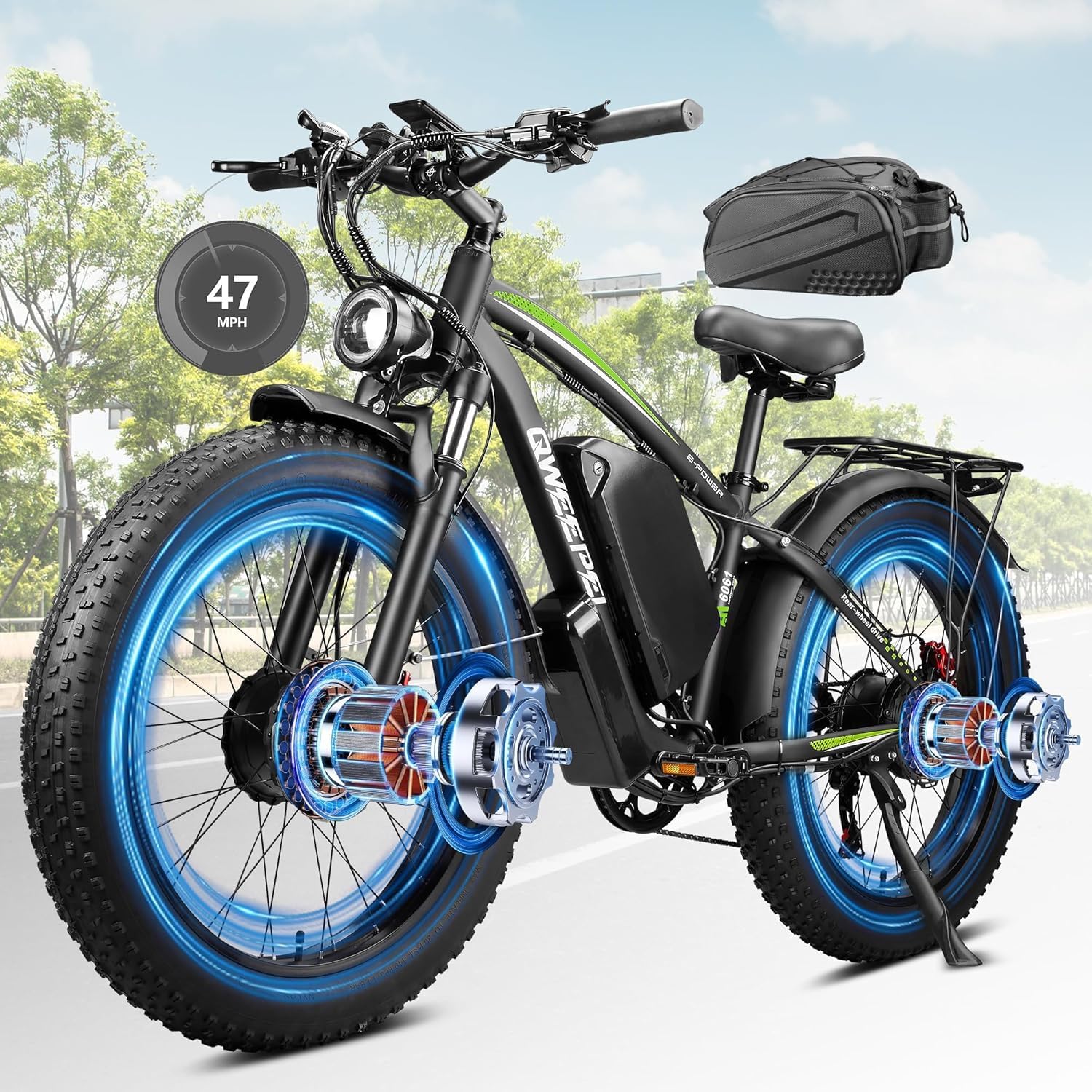 Peak 8000W Dual Motor Ebike, 47MPH Electric Bike for Adults with Hydraulic Disc Brake, 58V 36AH Detachable Battery, Up to 105Miles, 24Inch Fat Tire Electric Bicycle for Snow Off-Road Commuter Mountain