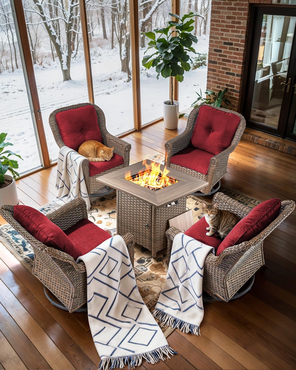 Patio Chairs Outdoor Swivel Glider - Set of 4 High Back Outside Brown Wicker Rattan Rocking Chair with Thick Cushion for Porch Apartment Deck Yard Poolside Garden - Red