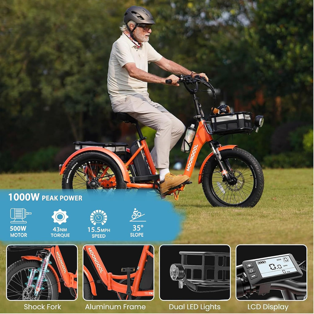 MOONCOOL Foldable Electric Tricycle for Adults, 20' Aluminum Etrike Fat Tire, Rated 500W 48V 15Ah Rear Differential, Front Suspension, 15.5MPH, 450LBS Payload, 95% Pre-Assembled