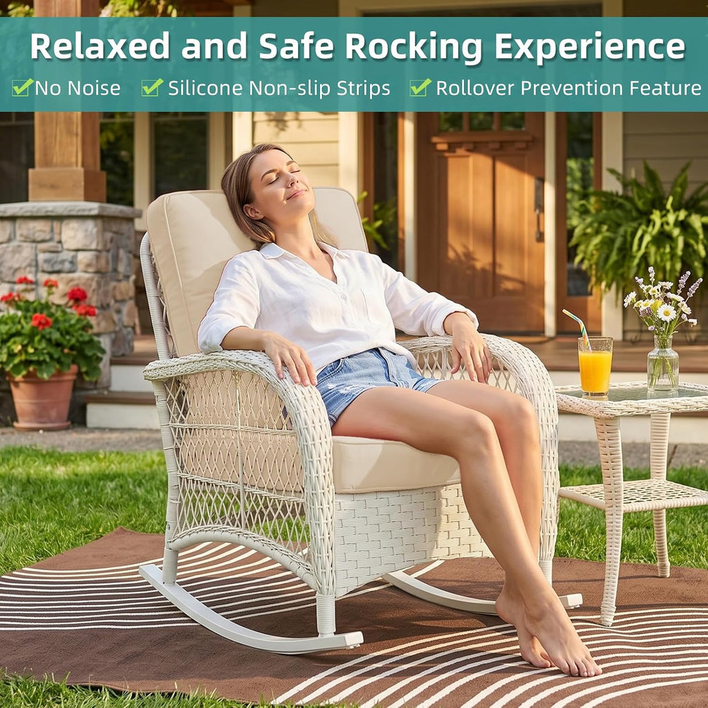 MEETWARM Outdoor Wicker Rocking Chair, Rattan Patio Rocker Chairs with Cushions and High Back, All-Weather Patio Wicker Chair with Safe Rocking Design for Garden Backyard Porch, Cream White/Beige