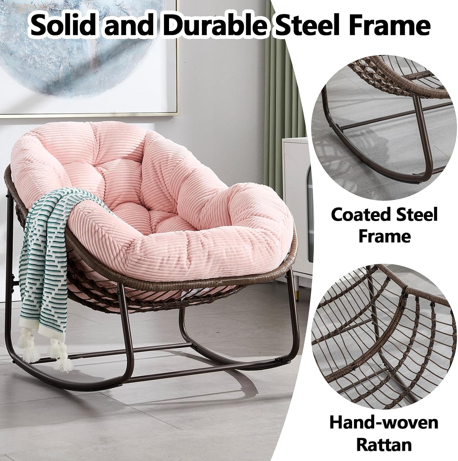 HRVEOCEI Papasan Rocking Chair with Cushion and Frame, Oversized Rocking Chair Indoor/Outdoor, Circle Chairs for Patio Garden Front Porch, Corduroy/Velvet (Pink)