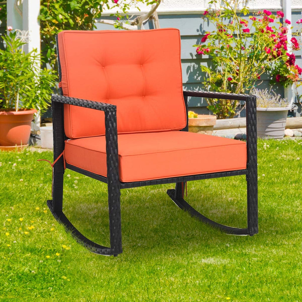 HAPPYGRILL Wicker Rocking Chair, Outdoor Patio Glider Chair with Heavy-Duty Frame, Thick Cushion, Rattan Rocking Chair for Backyard Garden Porch