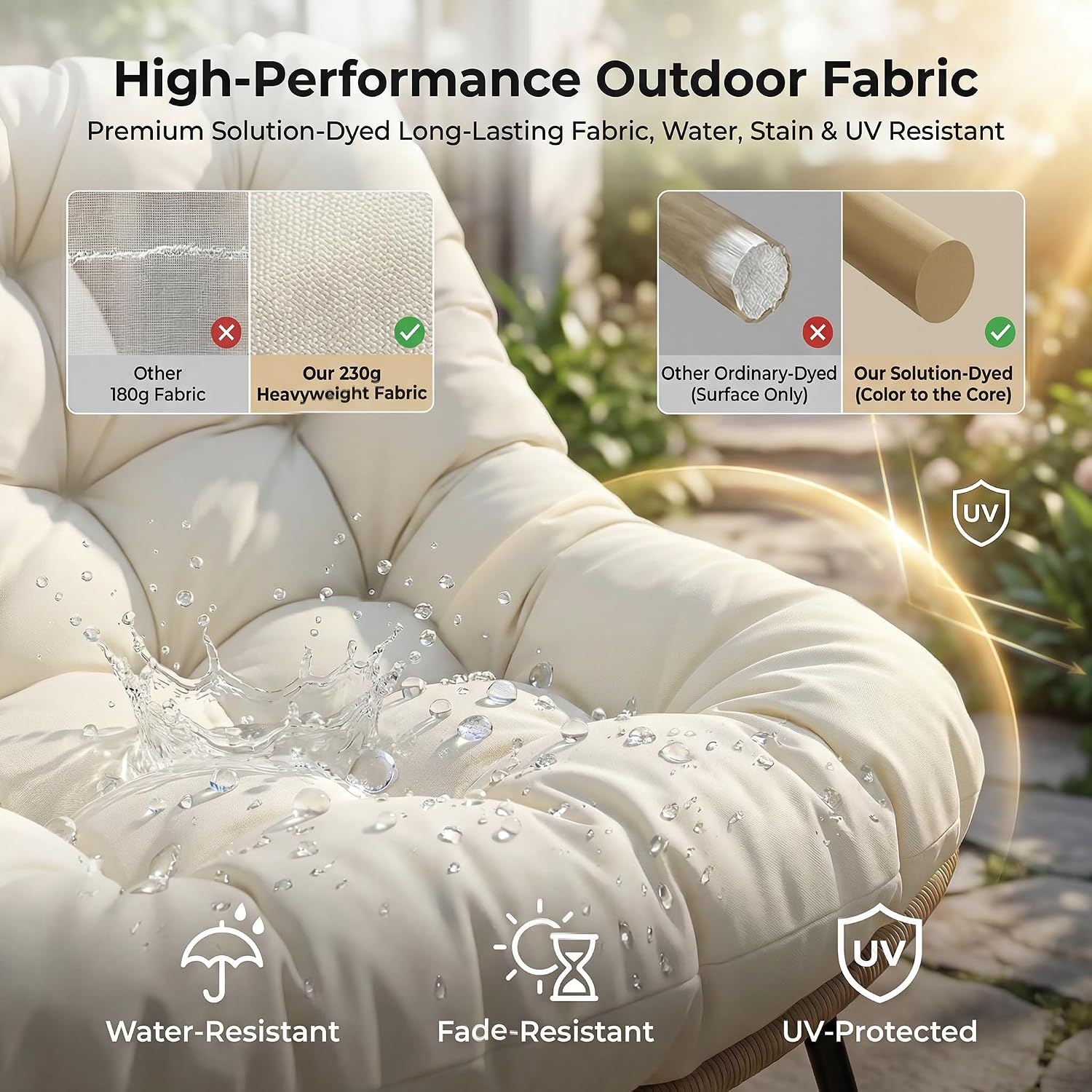 NICESOUL Oversized Double Rocking Papasan Chair with Thick Cushion, 2 Person Big Wicker Outdoor Comfy Recliner, Extra Large Heavy Duty Egg Loveseat for Patio, Balcony, Backyard, Garden, Beige