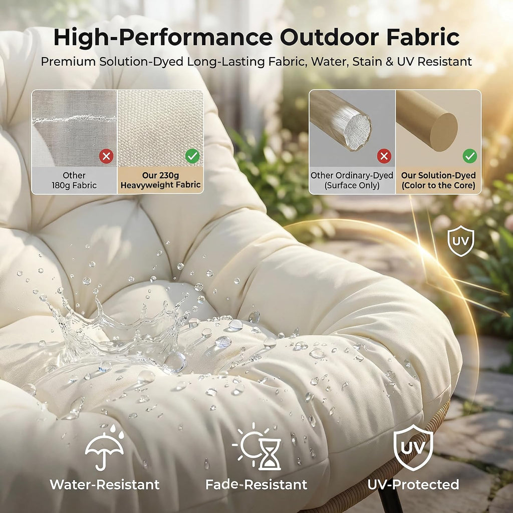 NICESOUL Oversized Double Rocking Papasan Chair with Ottoman and Cushion, Indoor Outdoor Padded Rocking Chair for 2 Person, 700 Lbs Comfy Rattan Egg Loveseat Royal Rocker for Lawn, Garden, Deck, Beige
