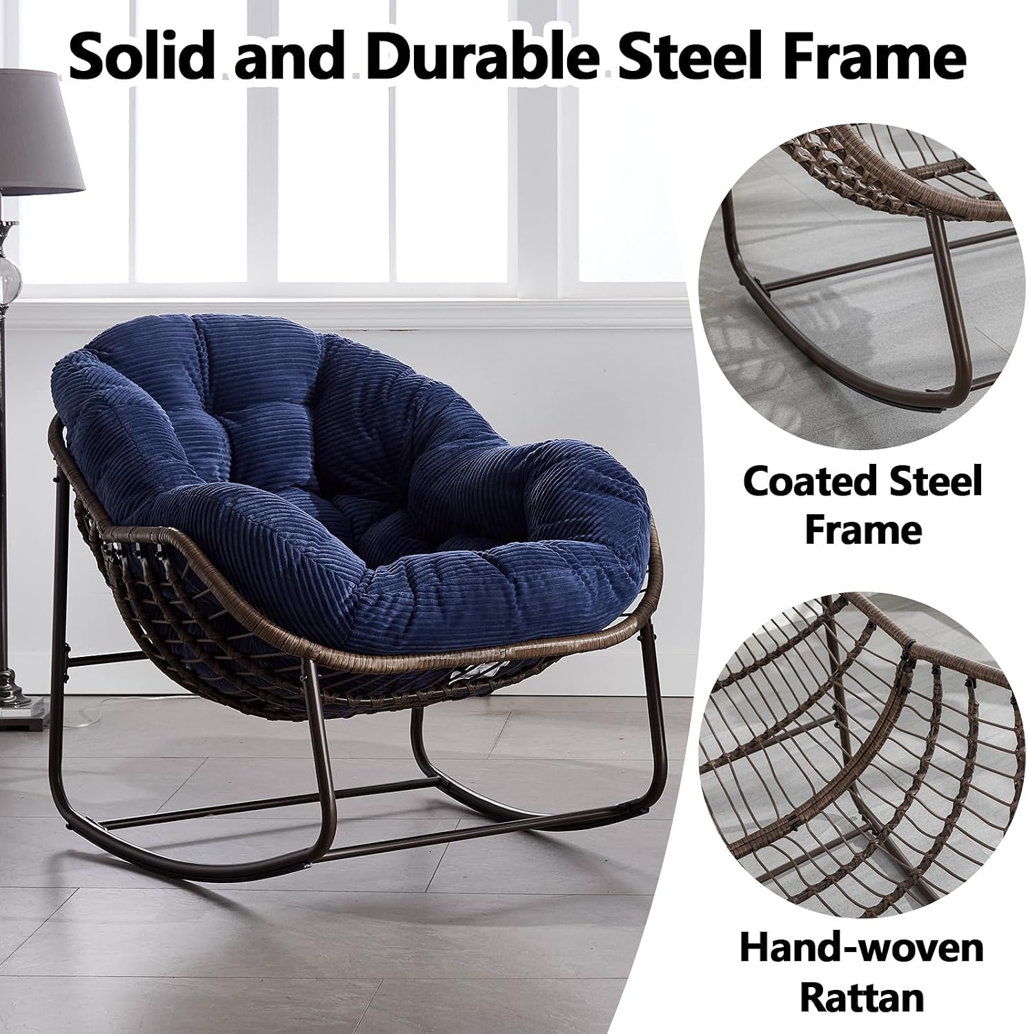 HRVEOCEI Papasan Rocking Chair with Cushion and Frame, Oversized Rocking Chair Indoor/Outdoor, Circle Chairs for Patio Garden Front Porch, Corduroy/Velvet (Navy Blue-1)