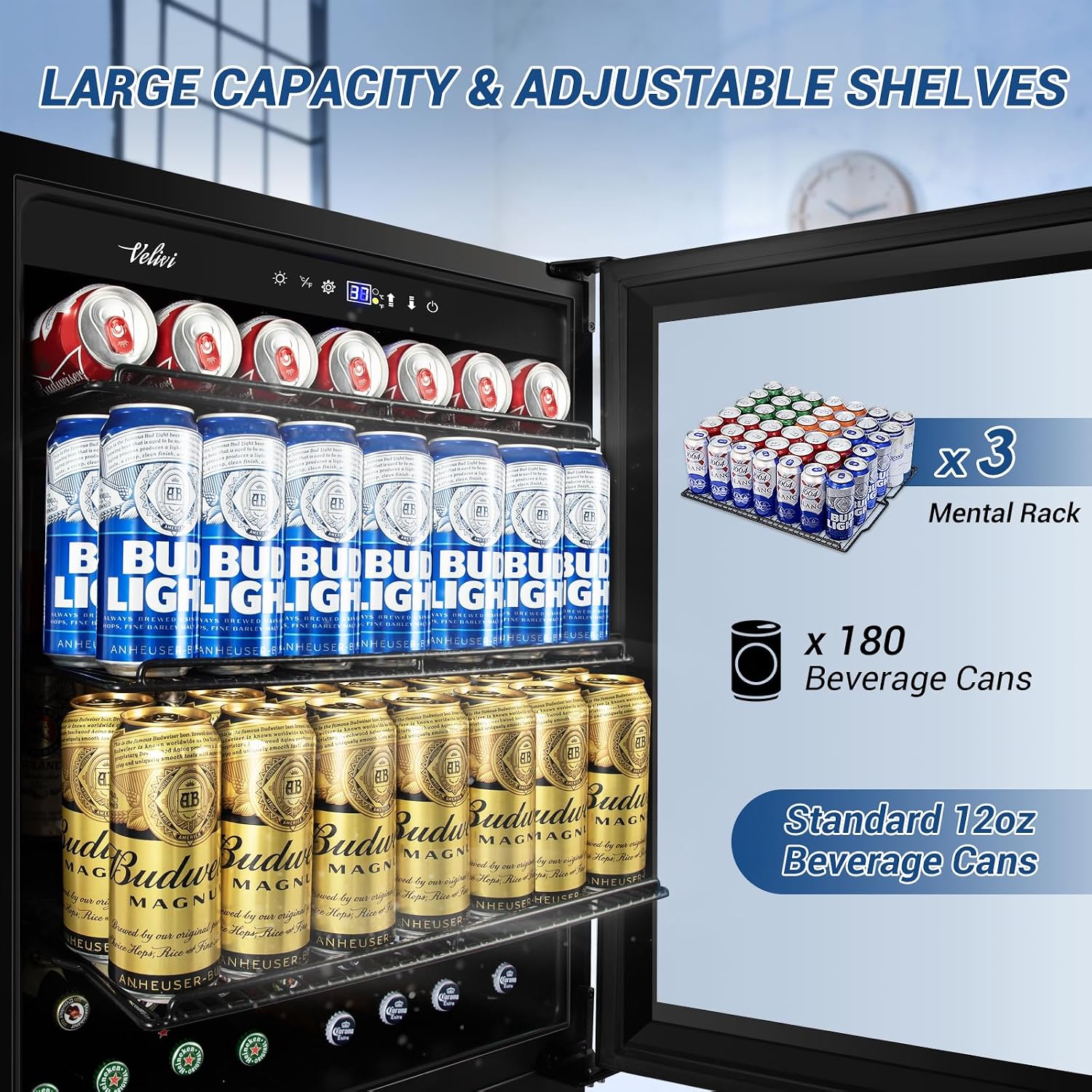 Velivi 24 Inch Beverage Refrigerator Under Counter, 24' Space Built-In Beer and Drink Fridge with Glass Door for Soda, Water, and Milk - For Kitchen, Bar or Office