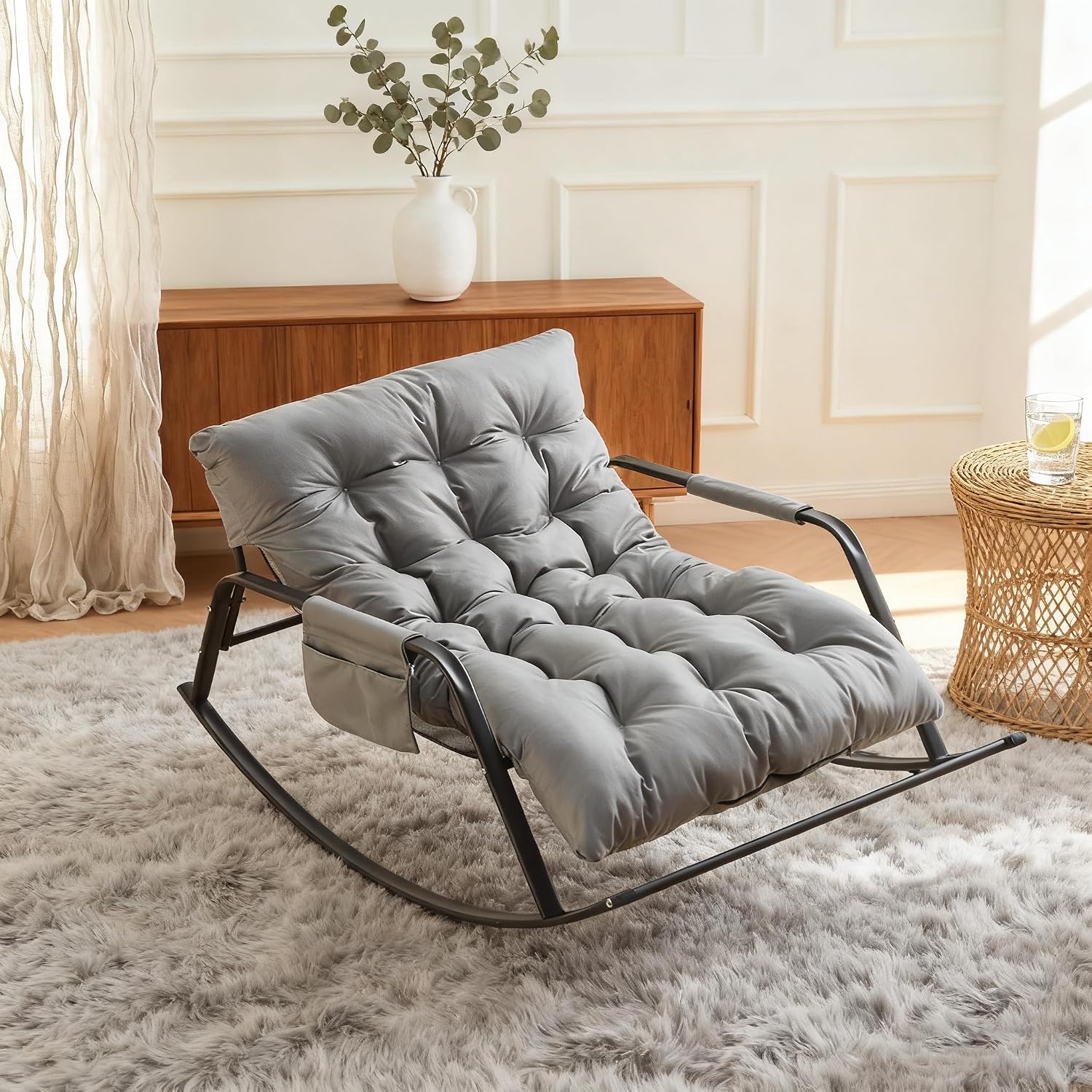 Extra Wide Boucle Rocking Chair with Technical Leather Oversized Gliding Recliner for Indoor Outdoor Living Room Nursery Bedroom (XL-Gray)