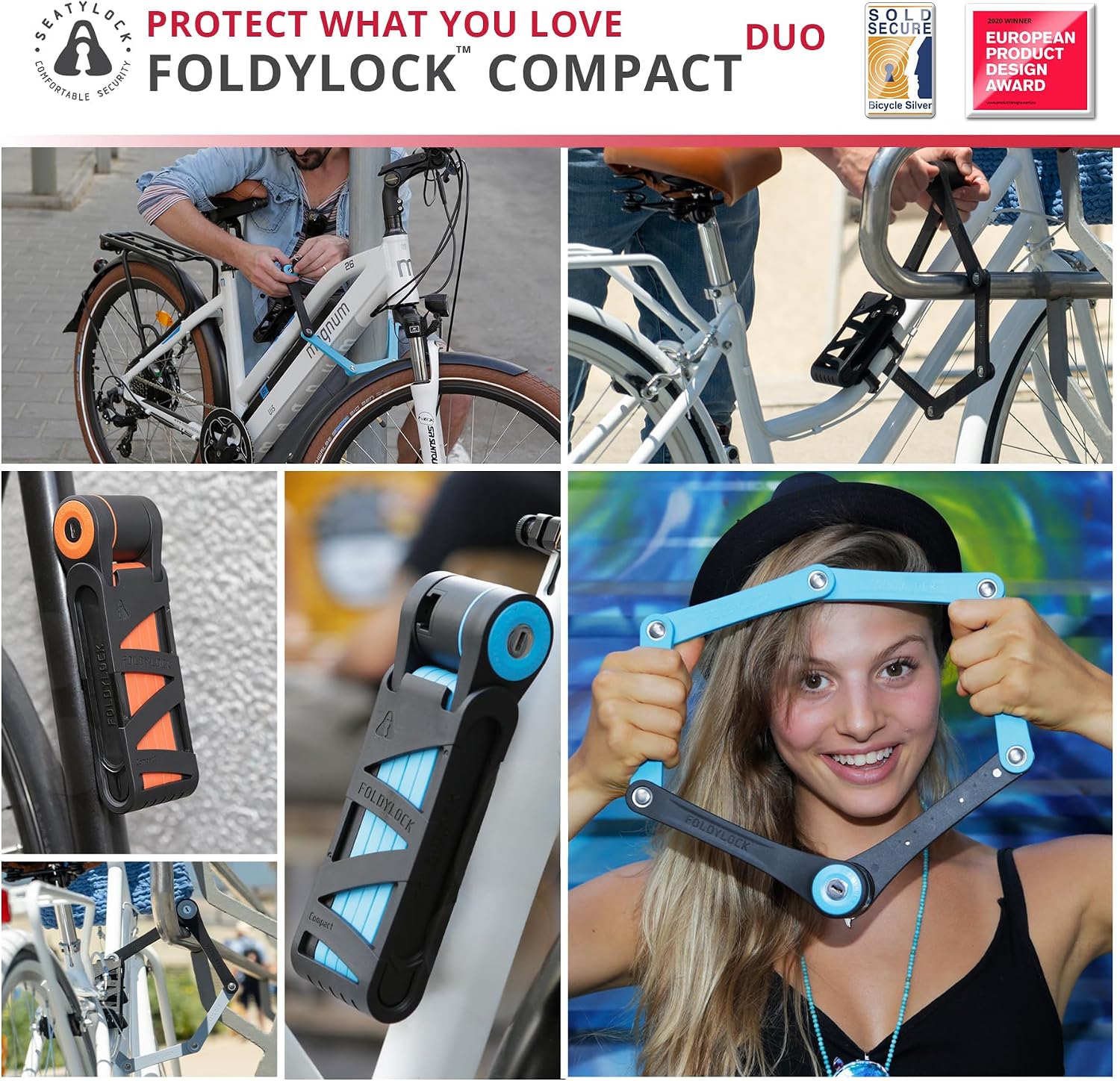 Seatylock FoldyLock Compact Folding Bike Locks - Set of 2 Matching Bike Locks with 6 Identical Keys - Patented Lightweight Heavy Duty Anti Theft with Carrying Cases for Bicycles and E-Bikes