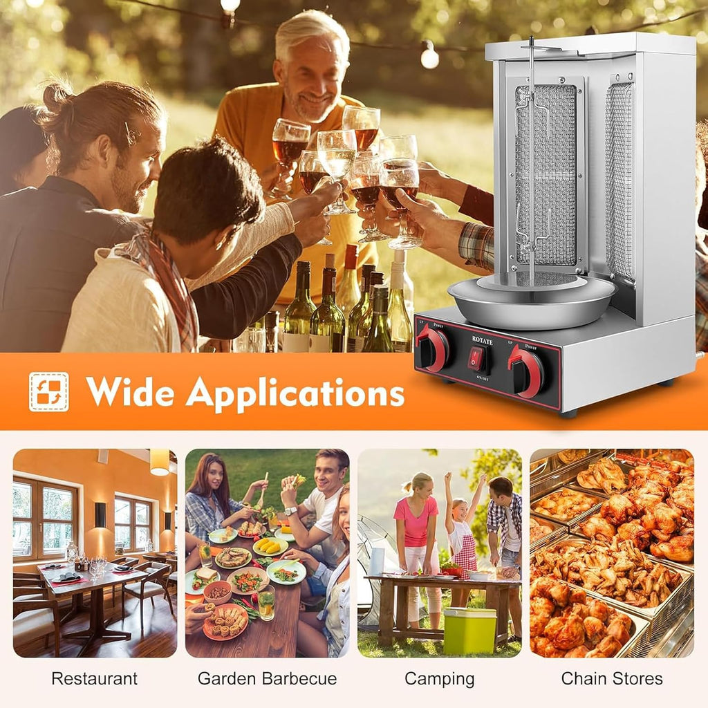 Vertical Grill with Adjustable Timer, with Two Adjustable Heating Tubes, Automatic Rotating Grill Plate, Smokeless Household Grill Plate with Built-in Grease Tray, 360° Rotation