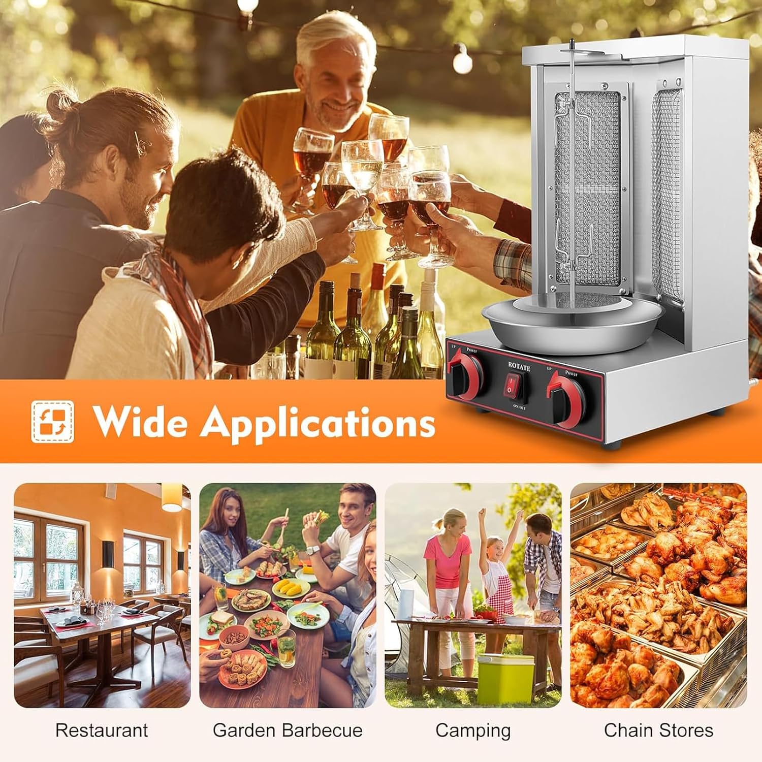 Vertical Grill with Adjustable Timer, with Two Adjustable Heating Tubes, Automatic Rotating Grill Plate, Smokeless Household Grill Plate with Built-in Grease Tray, 360° Rotation