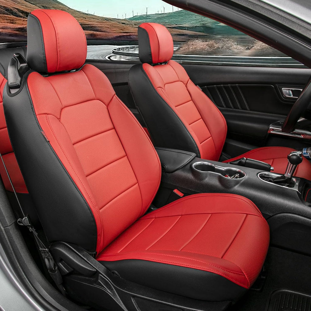 coverdream Mustang Leather Car Seat Covers Custom Fit for 2015-2024 2026 Ford Mustang Convertible,Rear Row One-Piece Backrest,Fully Covered Waterproof Seat Protector (Full Set,Black/Red)