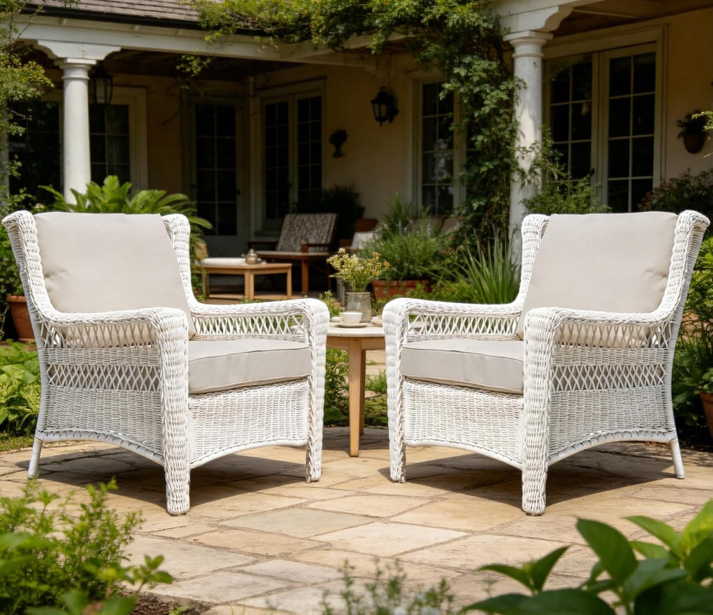 Park Meadow Outdoor Patio Wicker Armchairs Set of 2, All-Weather HDPE Rattan Chairs with Polyester Fabric Beige Cushions for Garden Porch Backyard Porch Lawn (Taupe Beige/Off-White)