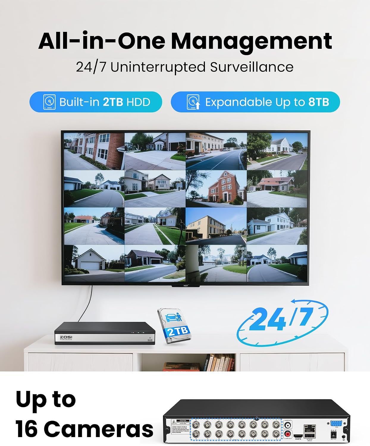 ZOSI 16 Channel H.265+ Home Security DVR Recorder, 1080P Lite Hybrid 4-in-1(Analog/AHD/TVI/CVI) CCTV DVR for Security Camera, Motion Detection, Mobile Remote Control, Alert Push (2TB HDD Included)
