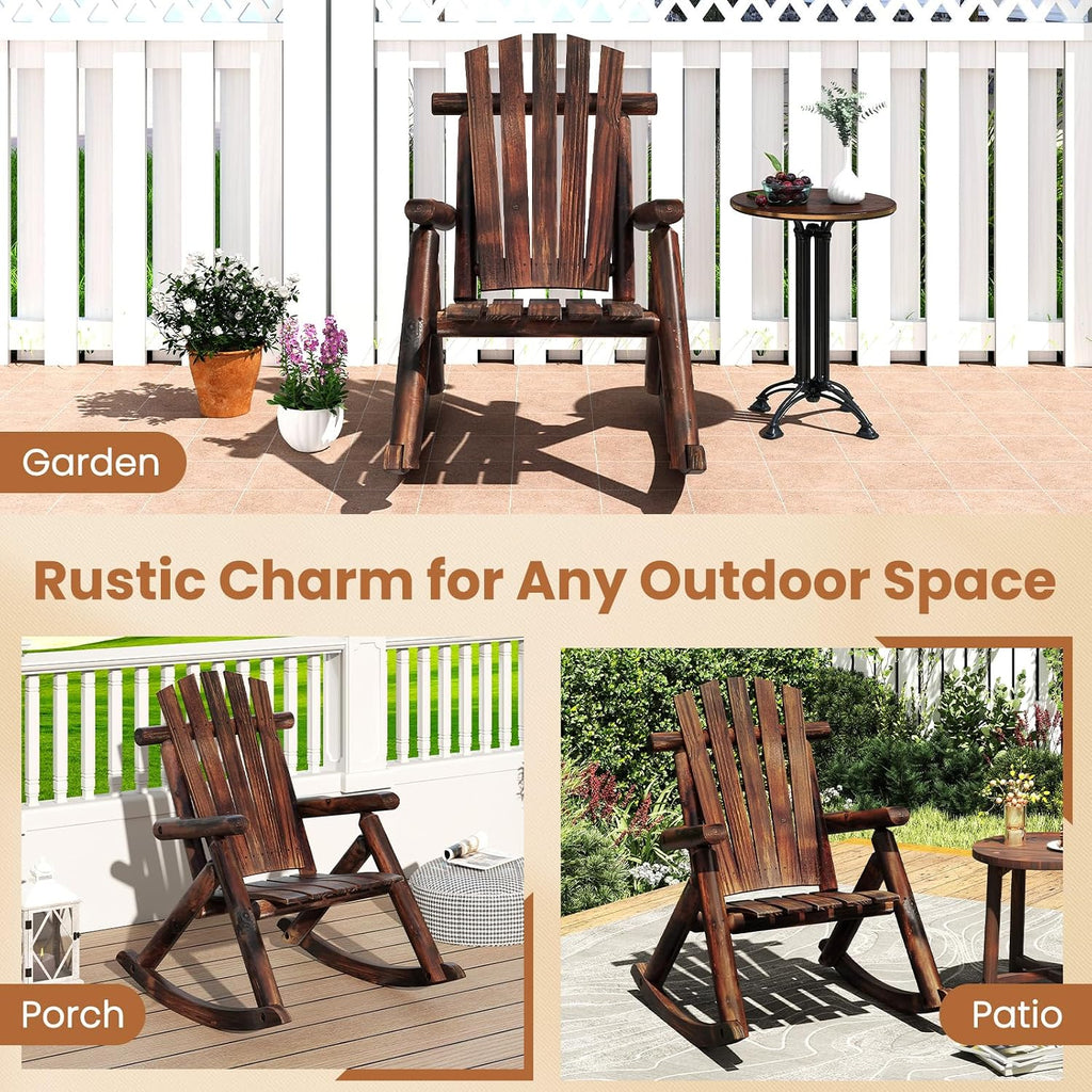 Giantex Outdoor Wooden Rocking Chair, Adirondack Porch Rocker with High Back and Wide Seat, Rustic Log Patio Chair for Front Porch Backyard Garden Balcony Deck, Brown (27'x36'x 38')