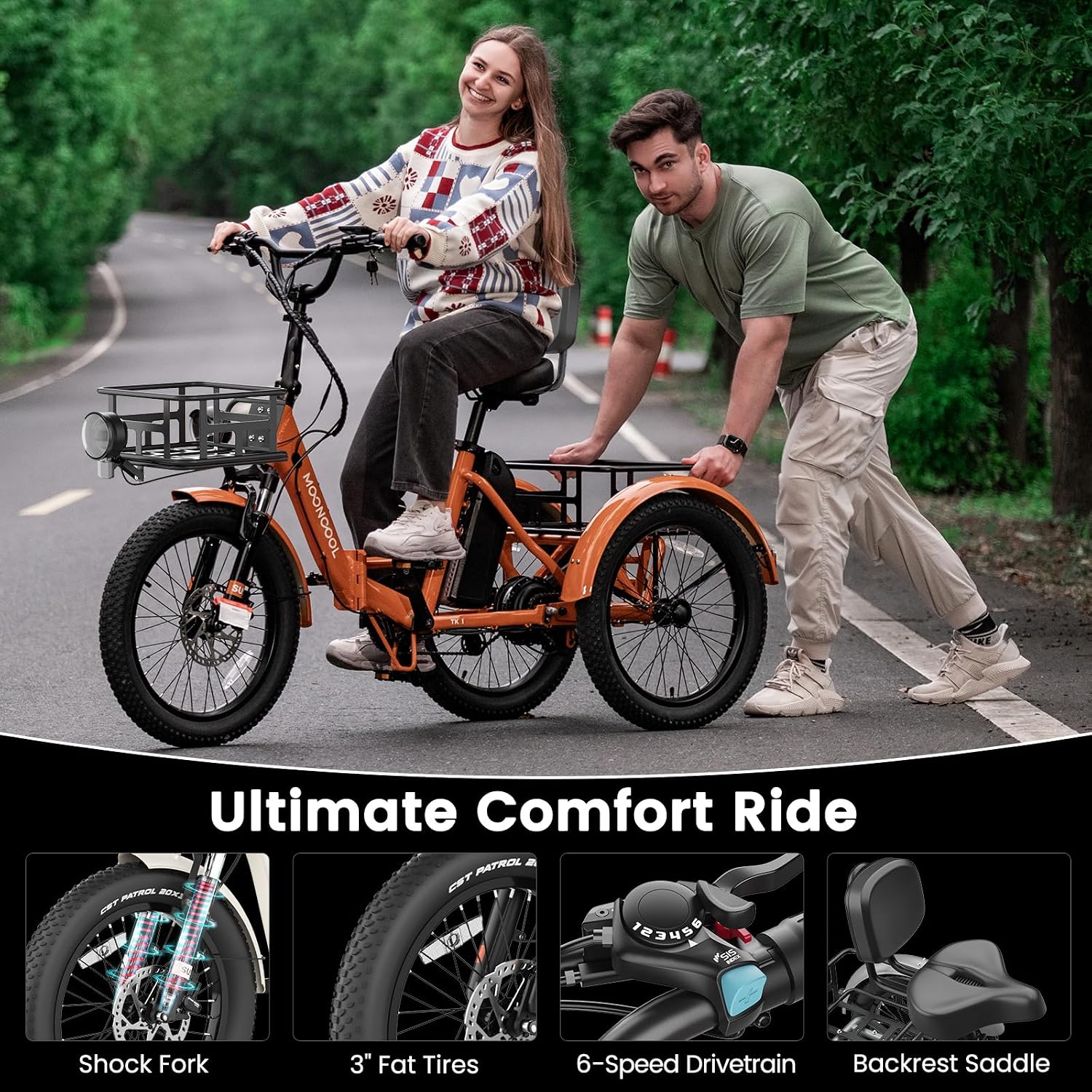 MOONCOOL Electric Trike for Adults, 500W/750W 48V Electric Tricycle for Adults, 20'x3.0' Fat Tire 3 Wheel Electric Bike, Folding Aluminum Adult Tricycle with Removable Battery