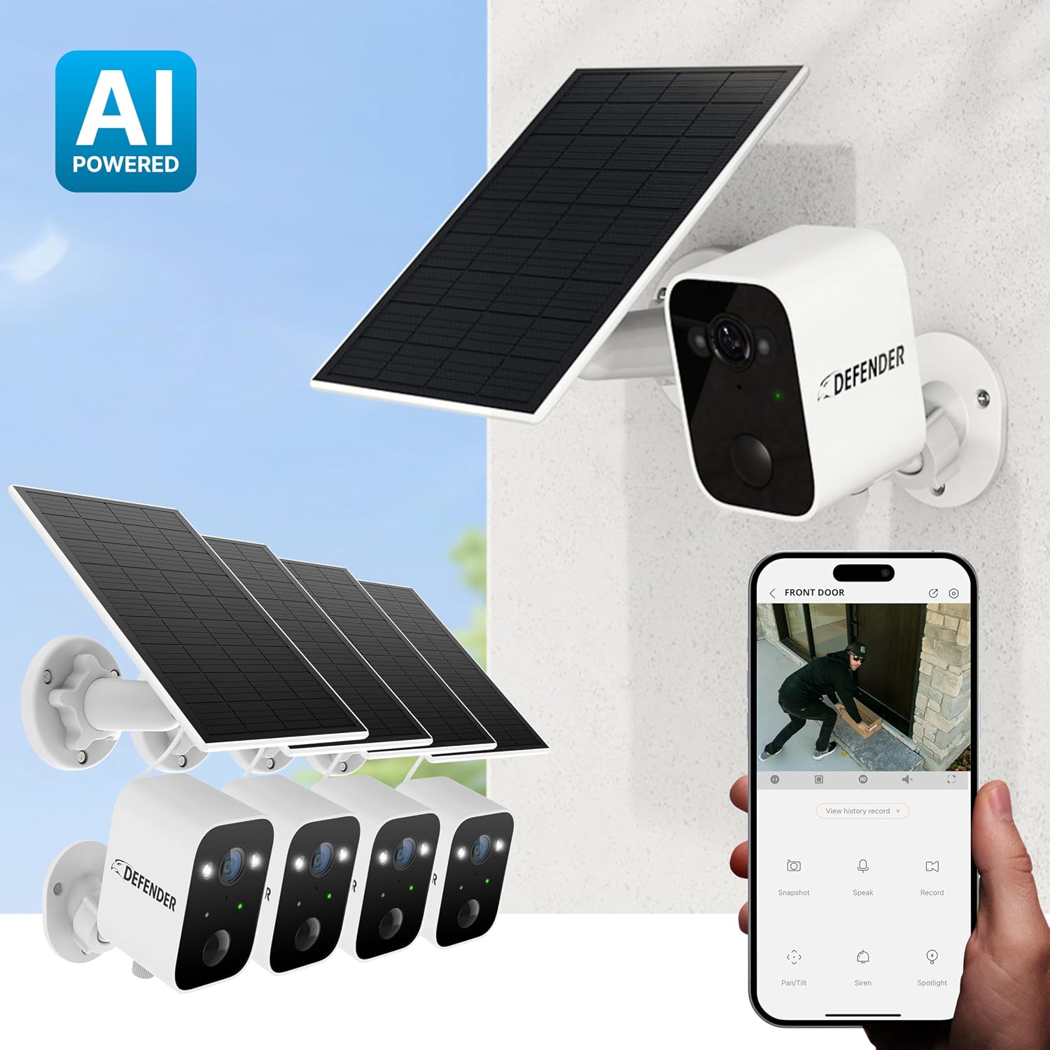 Defender Solar Powered 4K/8MP AI Everwatch Wireless Outdoor Security Camera, 4 Pack, Battery Powered, AI Tracking, Color Night Vision, Spotlight/Siren, IP66 Rated, Two-Way Talk, No Monthly Fees