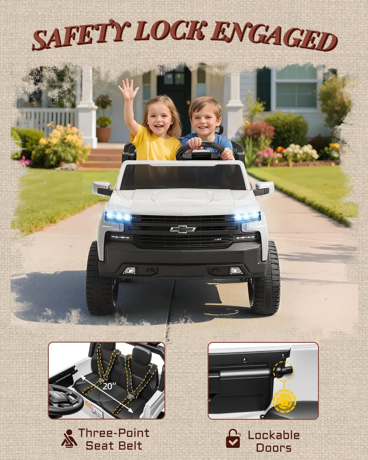 First Ride On 24V 2 Seater Ride on Car for Kids, Licensed Chevrolet Silverado Electric Car for Kids with Remote Control, Toddler Car with Bluetooth, LED Lights, Seat Belts and Spacious Design (White)