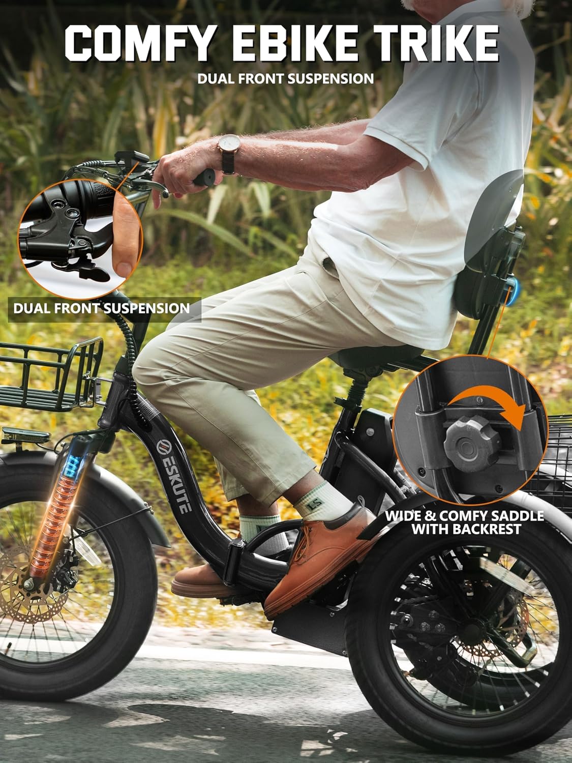 ESKUTE E Trike Electric Bike, Peak 1200W Brushless Motor Folding Trike 18X3.0 Fat Tire Ebike, 624Wh Removable Battery, Step-Thru 3 Wheel Electric Bicycle, Up to 55 Miles, 18MPH+ Tricycle for Adults