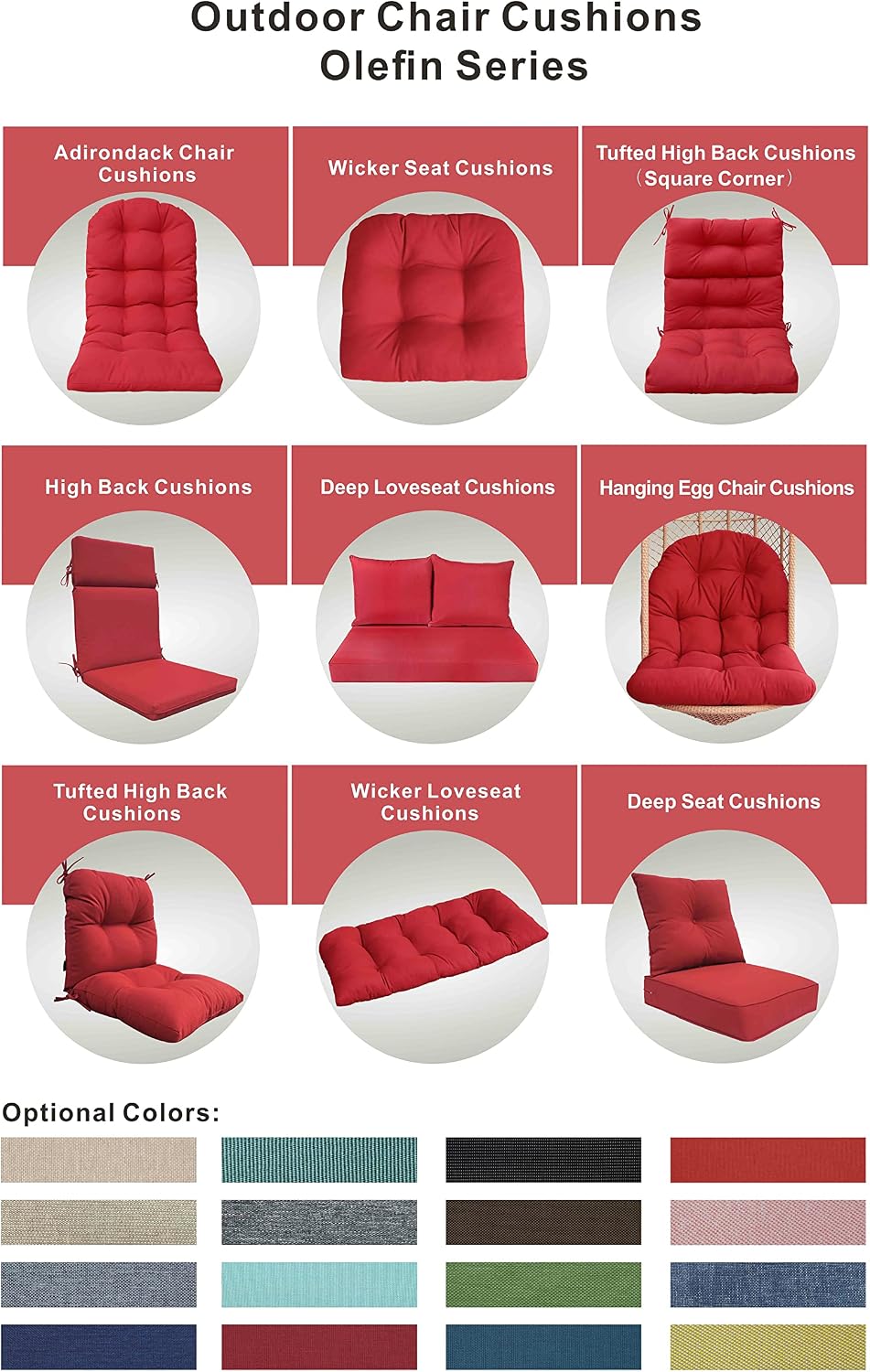 Indoor Outdoor High Back Chair Cushions Replacement Patio Chair Seat Cushions Set of 4 (Olefin Bright Red)