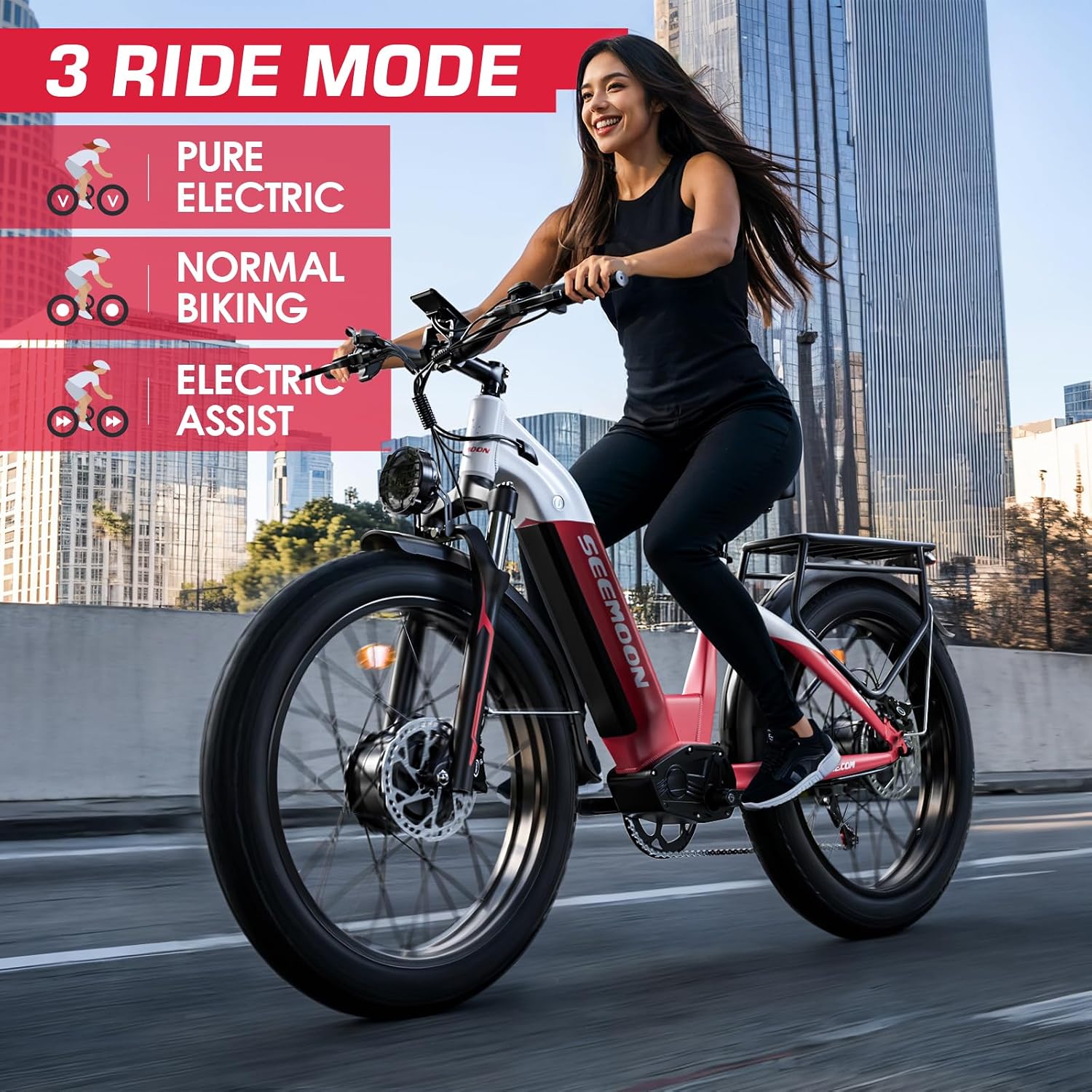 Seemoon Electric Bike,4000W Dual Motor Ebike for Adults,52V 1040Wh Removable Battery E-Bike for Men Women,38MPH Up to 105 Miles,26' Fat Tire Fast Step Thru Electric Bicycle for Commuter