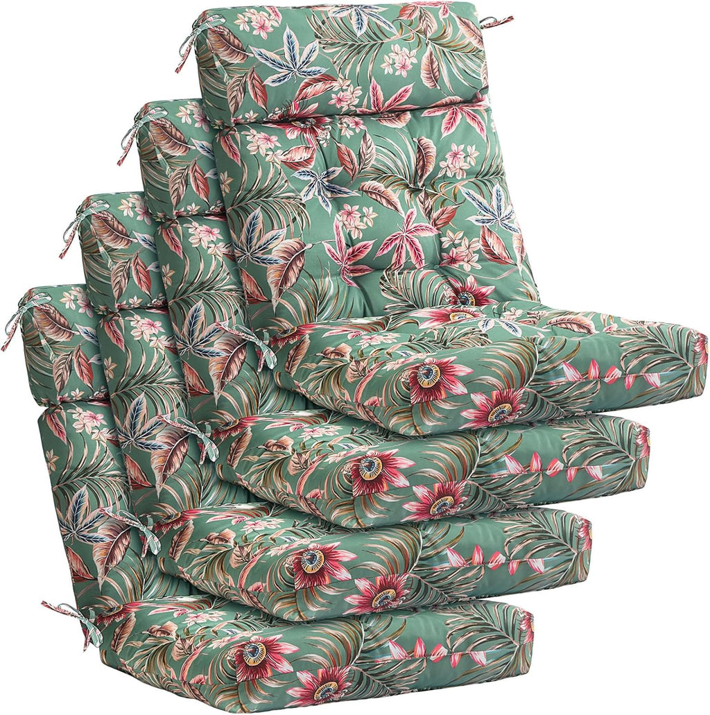 Barydat 4 Pcs Tufted High Back Chair Cushion Indoor Outdoor Seat and Back Cushions Palm Leaves Tropical Plants Lawn Rocking Chair Pads with Ties for Adirondack Patio Garden (Green Flower)