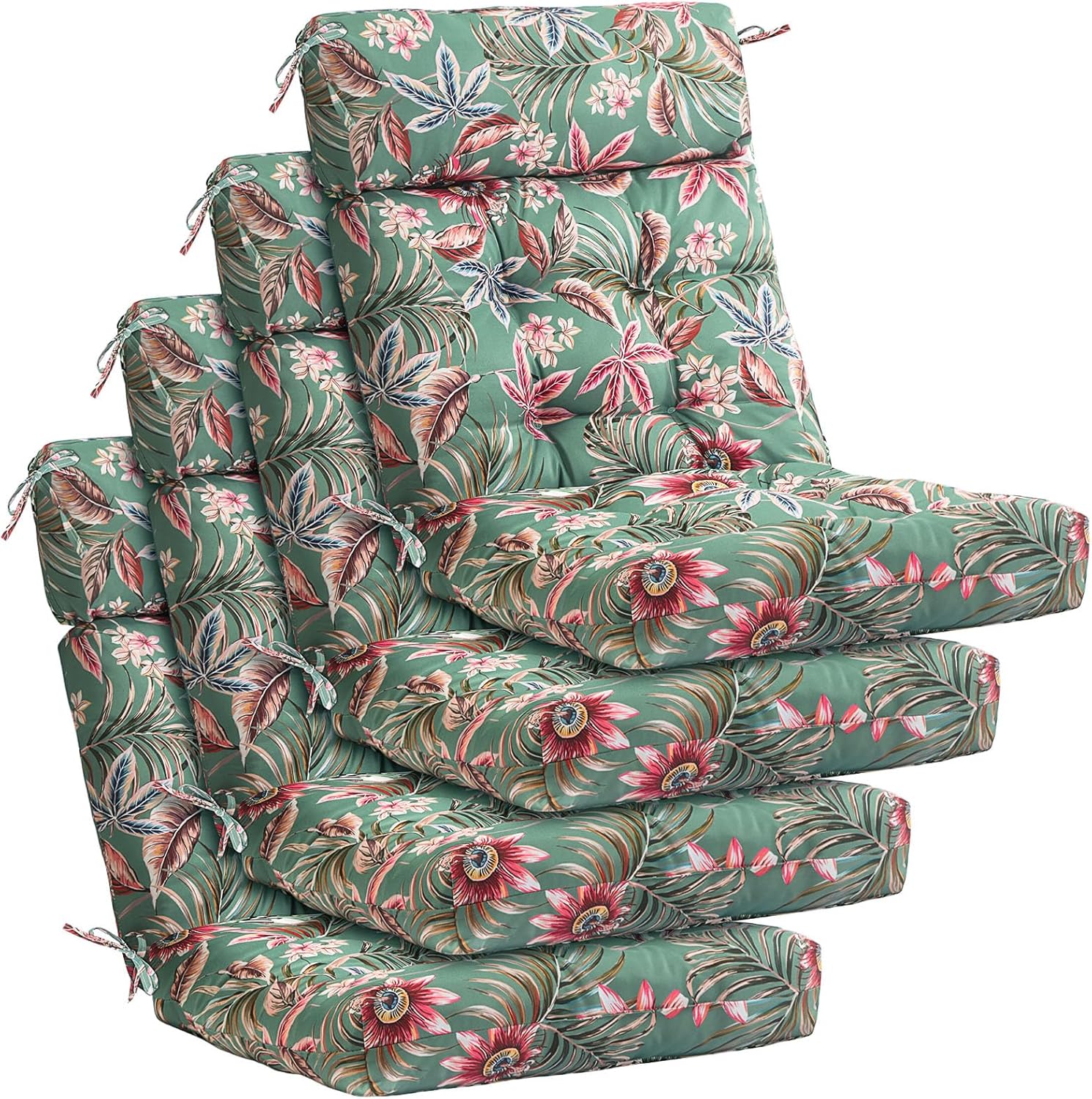 Barydat 4 Pcs Tufted High Back Chair Cushion Indoor Outdoor Seat and Back Cushions Palm Leaves Tropical Plants Lawn Rocking Chair Pads with Ties for Adirondack Patio Garden (Green Flower)
