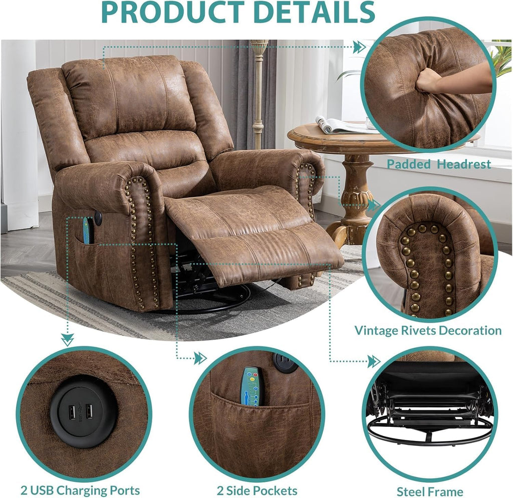 MEETWARM Oversized Swivel Rocker Recliner Chair with Heat and Massage, Manual Glider Rocking Recliner Chair, 360°Swivel Nursery Reclining Sofa with Remote Control/USB Ports for Living Room(Brown)