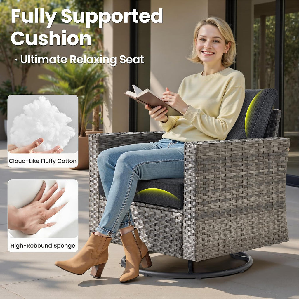 ovios 3 Pieces Patio Swivel Chairs with Side Table, Outdoor Wicker Rocking Chairs of 2 with Comfy Cushions, Rattan Glider Rocker Bistro Set for Porch Deck, Black