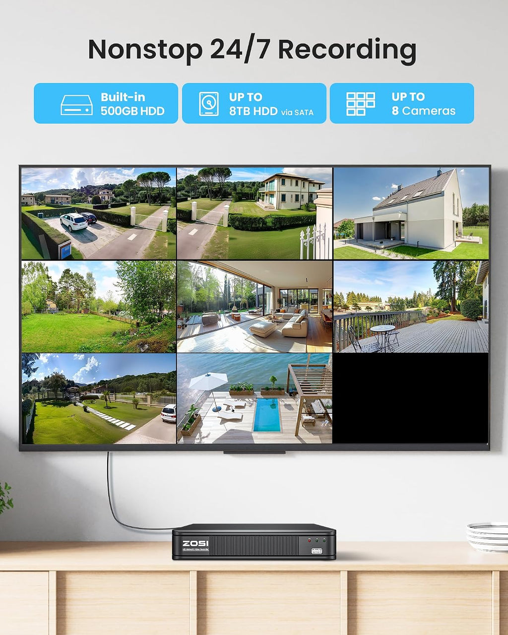 ZOSI 5MP 3K Lite CCTV Security Camera System with AI Human Vehicle Detection, 8CH H.265+ DVR and 4 x 1080p Surveillance Bullet Cameras Outdoor Indoor, 100ft Night Vision, IP66 Weatherproof, 500GB HDD