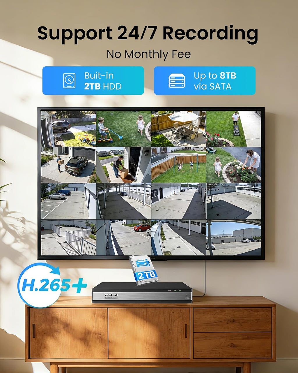 ZOSI 16CH Security Camera System with 2TB HDD, AI Human/Vehicle Detection, 16PCS 1080P Outdoor Indoor Surveillance Cameras, Night Vision, H.265+ 16Channel 2MP DVR for 24/7 Recording, Remote Access