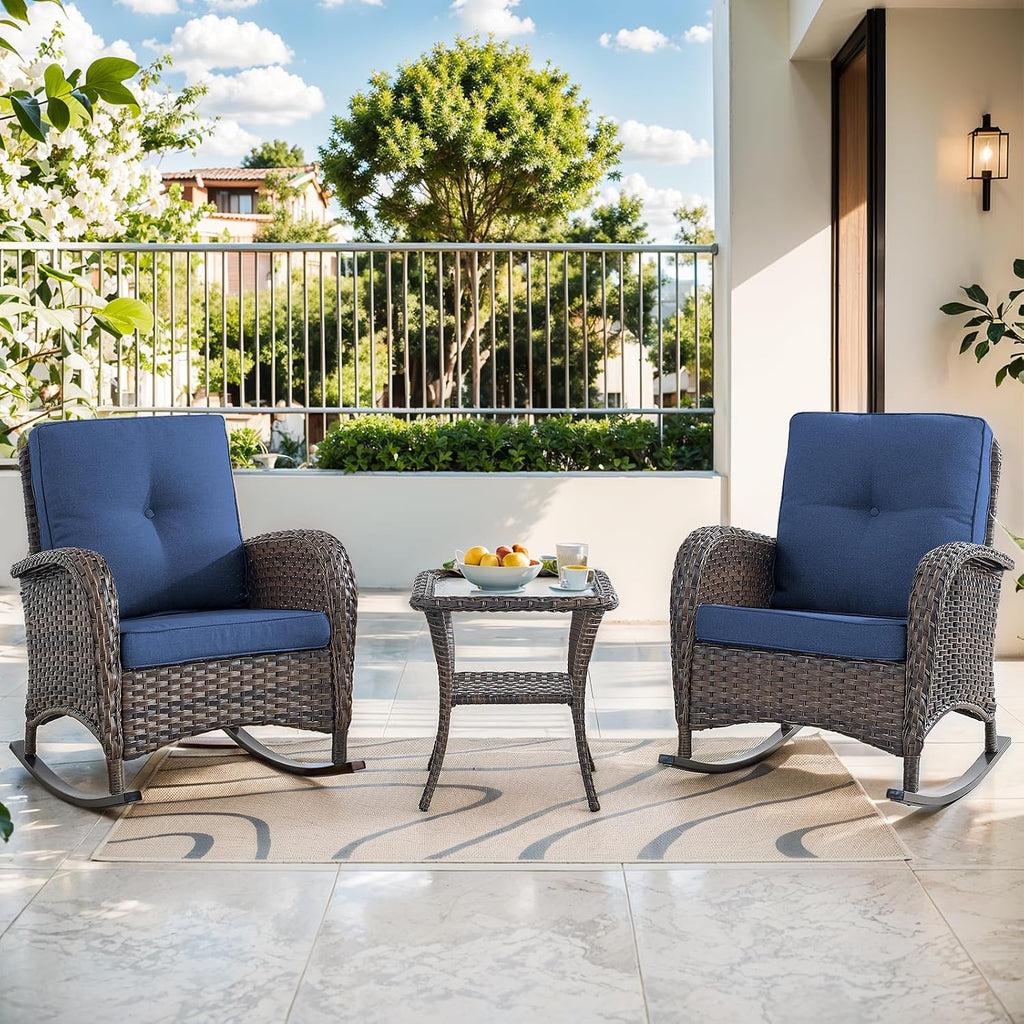 Patio Rocking Chair - 3 Peices Outdoor Wicker Rocker Porch Chair Set with Tempered Glass Side Table, 300 Lb Weight Capacity Rattan Seating for Balcony Garden Brown-Blue