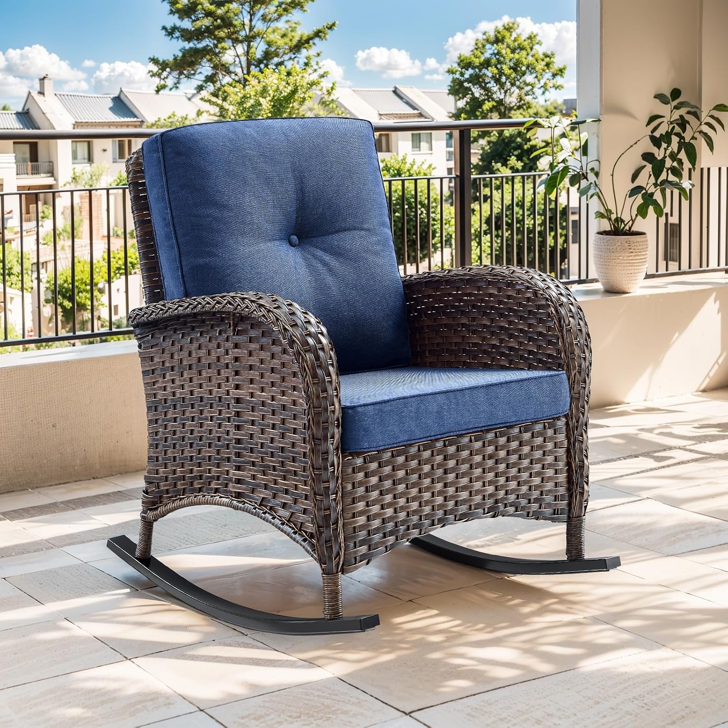 Patio Rocking Chair - 3 Peices Outdoor Wicker Rocker Porch Chair Set with Tempered Glass Side Table, 300 Lb Weight Capacity Rattan Seating for Balcony Garden Brown-Blue