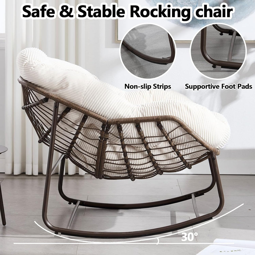 37' Papasan Rocking Chair with Cushion and Steel Frame, Oversized Outdoor Egg Rocking Chair, Rattan Circle Chairs for Grand Patio and Garden (White)