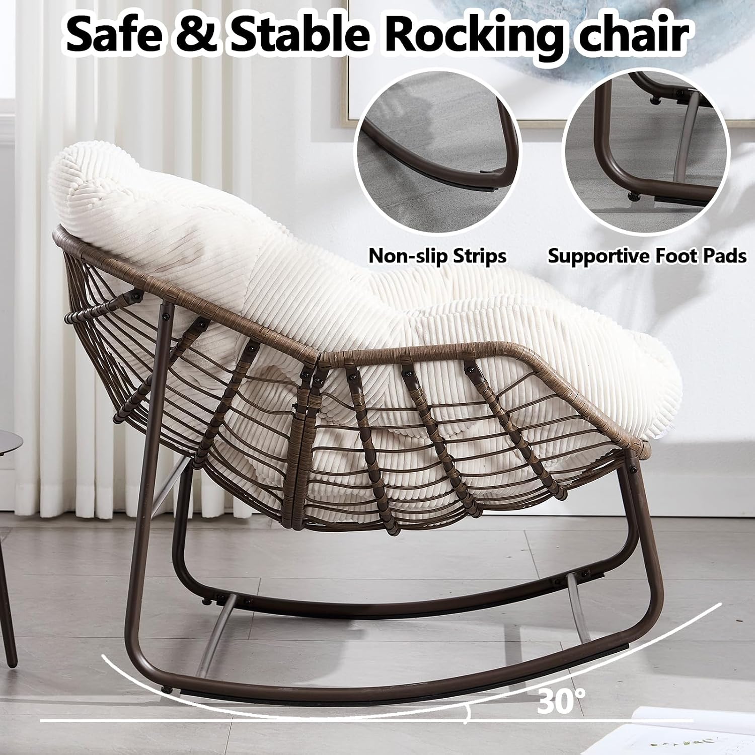 37' Papasan Rocking Chair with Cushion and Steel Frame, Oversized Outdoor Egg Rocking Chair, Rattan Circle Chairs for Grand Patio and Garden (White)