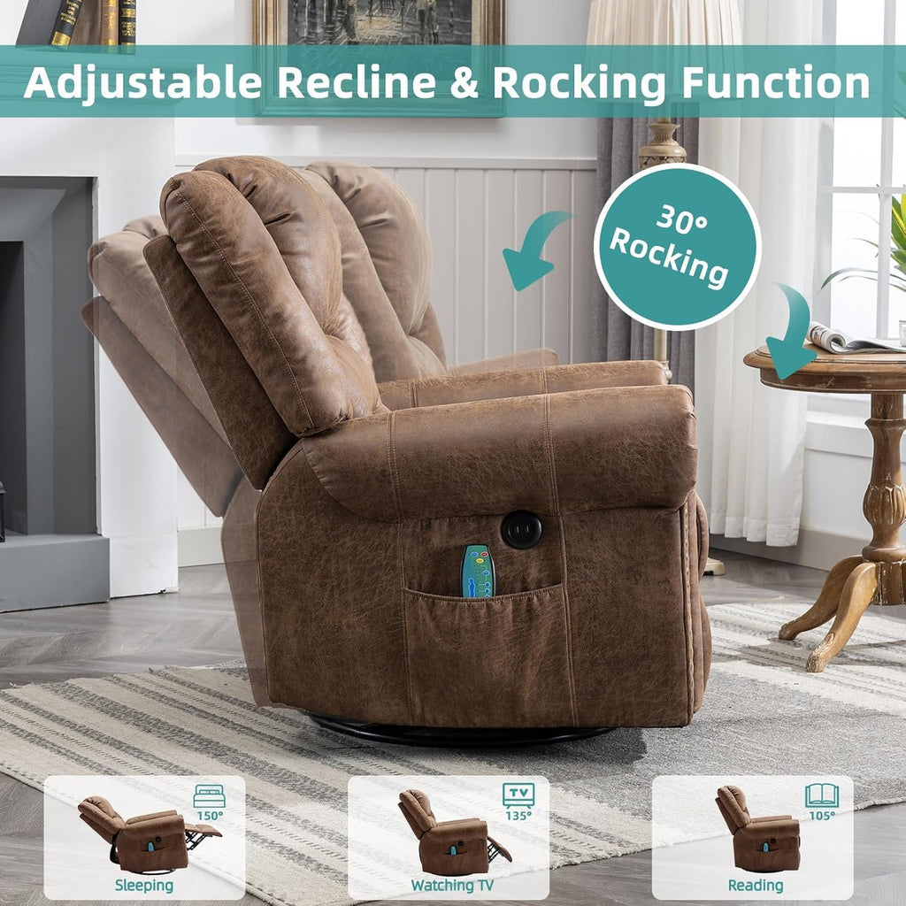 MEETWARM Oversized Swivel Rocker Recliner Chair with Heat and Massage, Manual Glider Rocking Recliner Chair, 360°Swivel Nursery Reclining Sofa with Remote Control/USB Ports for Living Room(Brown)