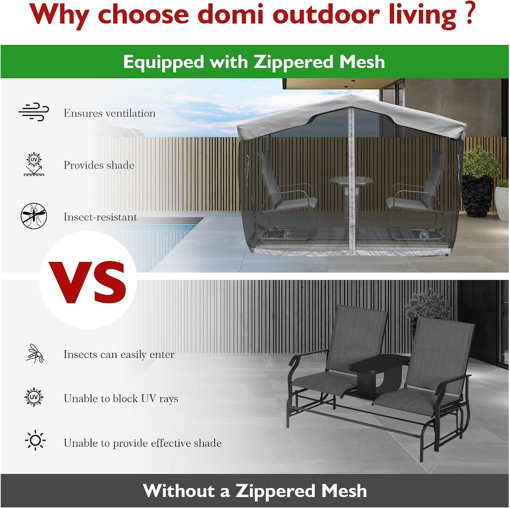 Domi 4-Seat Outdoor Glider Bench with Canopy, 800lbs Capacity Aluminum Rocking Chair with Zippered Mesh & Tempered Glass Table, Heavy Duty Outdoor Swing Chair for Patio, Backyard, Poolside