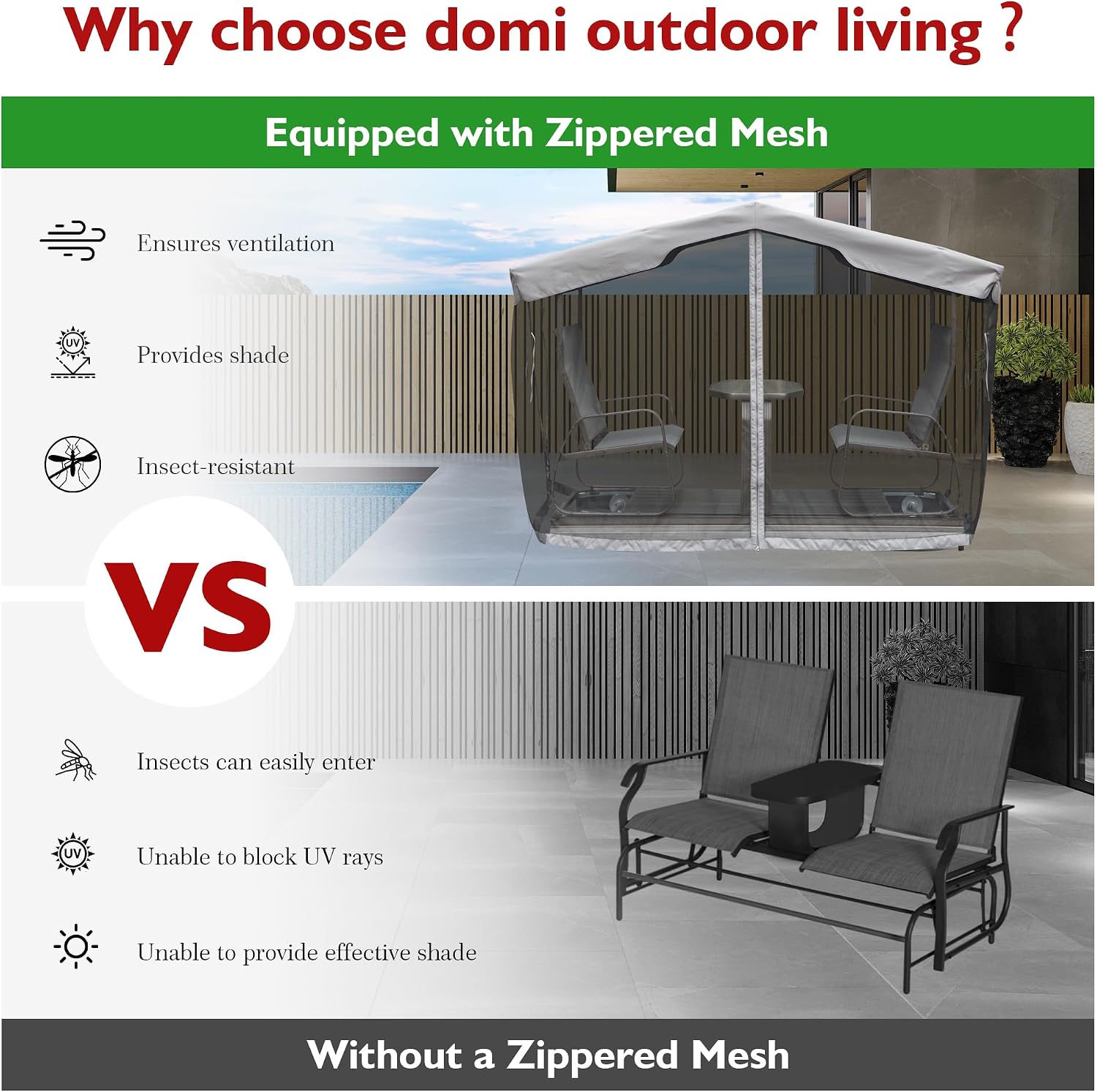 Domi 4-Seat Outdoor Glider Bench with Canopy, 800lbs Capacity Aluminum Rocking Chair with Zippered Mesh & Tempered Glass Table, Heavy Duty Outdoor Swing Chair for Patio, Backyard, Poolside