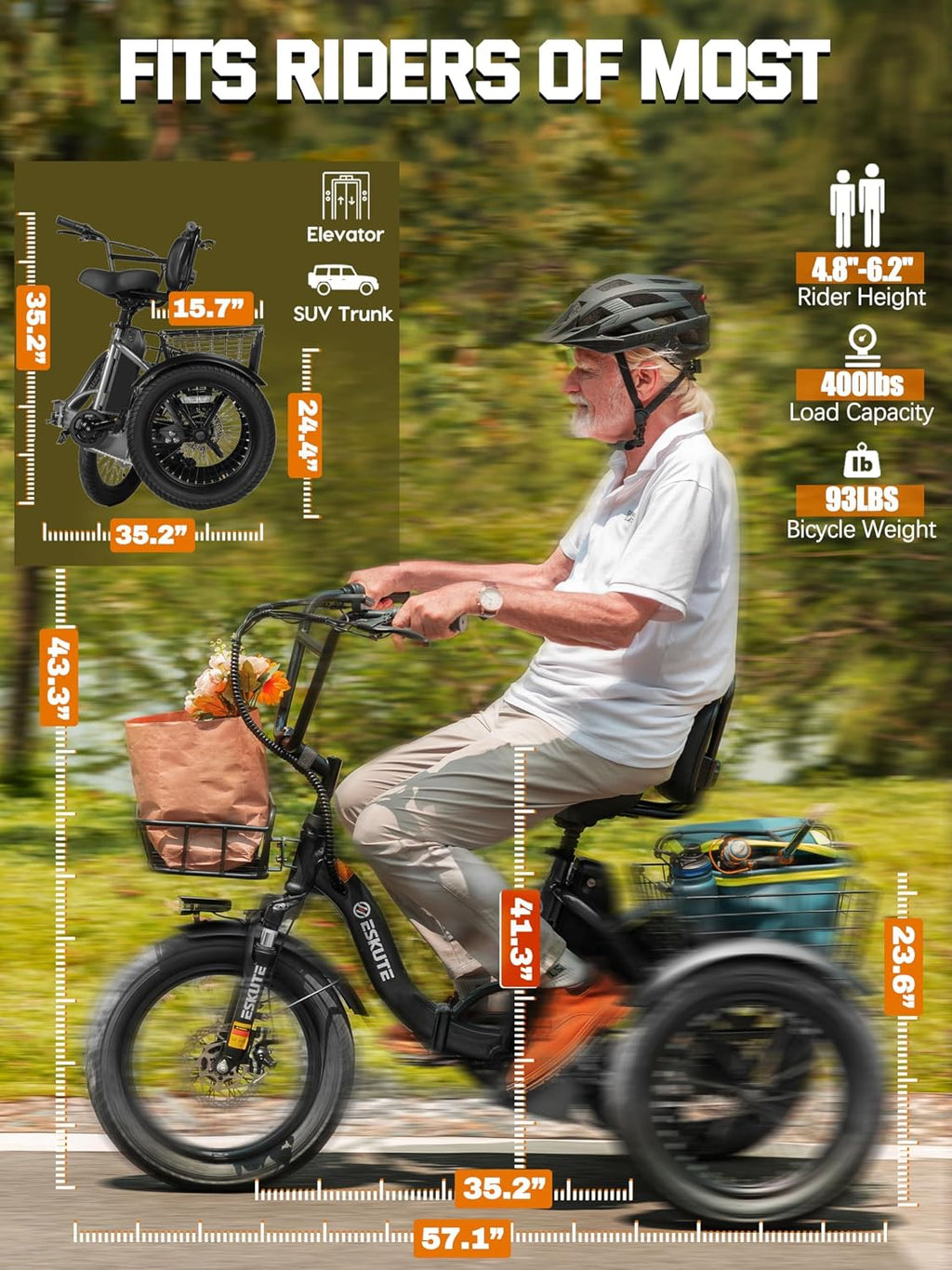 ESKUTE E Trike Electric Bike, Peak 1200W Brushless Motor Folding Trike 18X3.0 Fat Tire Ebike, 624Wh Removable Battery, Step-Thru 3 Wheel Electric Bicycle, Up to 55 Miles, 18MPH+ Tricycle for Adults