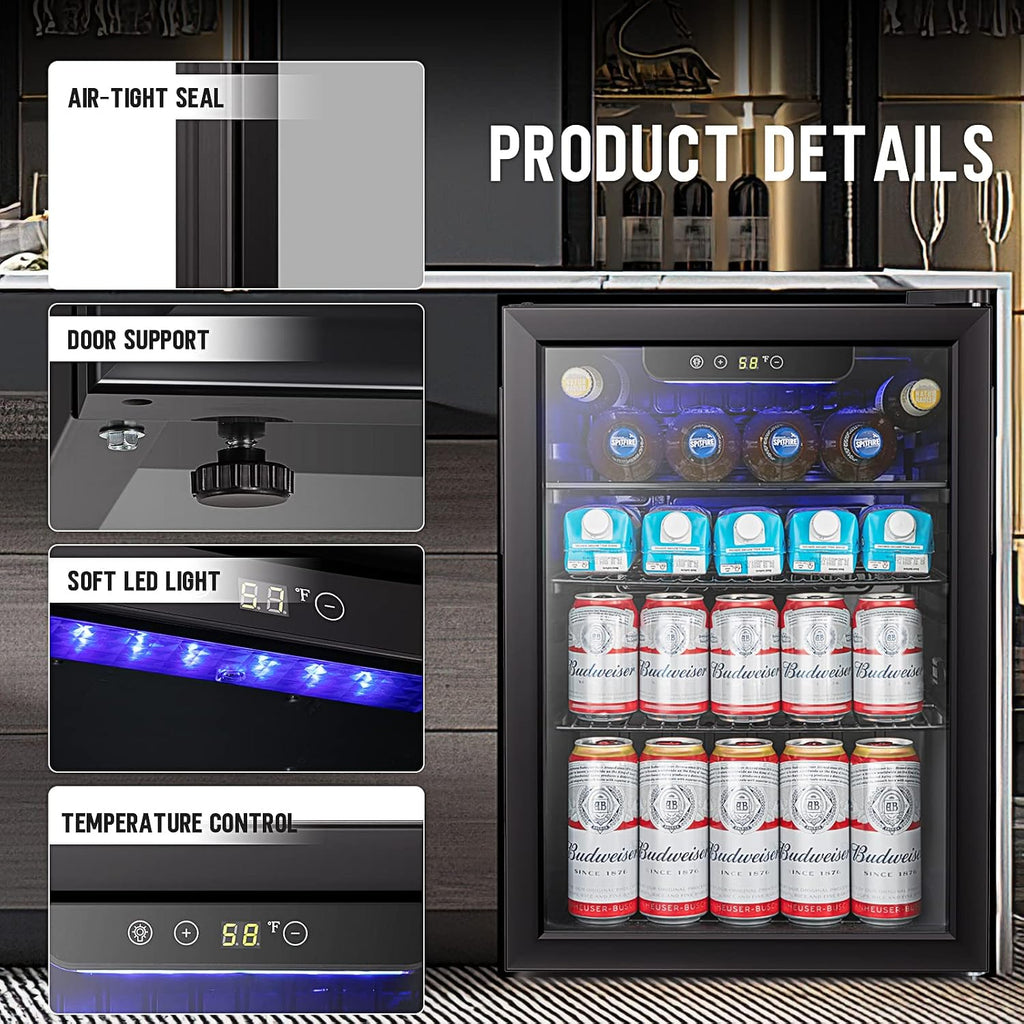 Antarctic Star 2.6cu.ft Mini Fridge 100 Can Beverage Refrigerator Wine Cooler/Cabinet Small Beer Soda Glass Door Counter Top Bar Fridge Freestanding Black