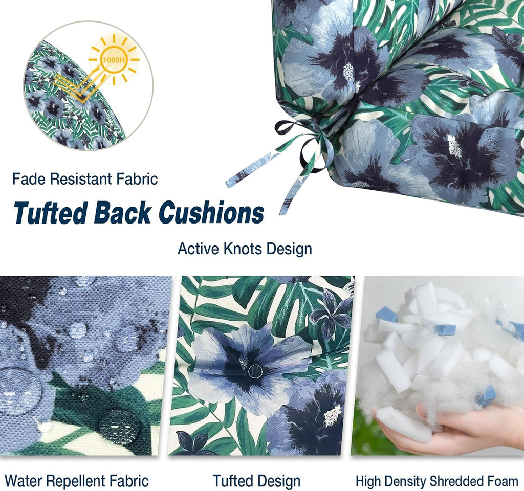 Outdoor Seat Chair Cushions, Tufted Back Patio Furniture Cushions Set of 2, Water Repellent Wicker Replacement for Home Garden Chairs, 42x21x4 Inch, Blue Salmone Tropical
