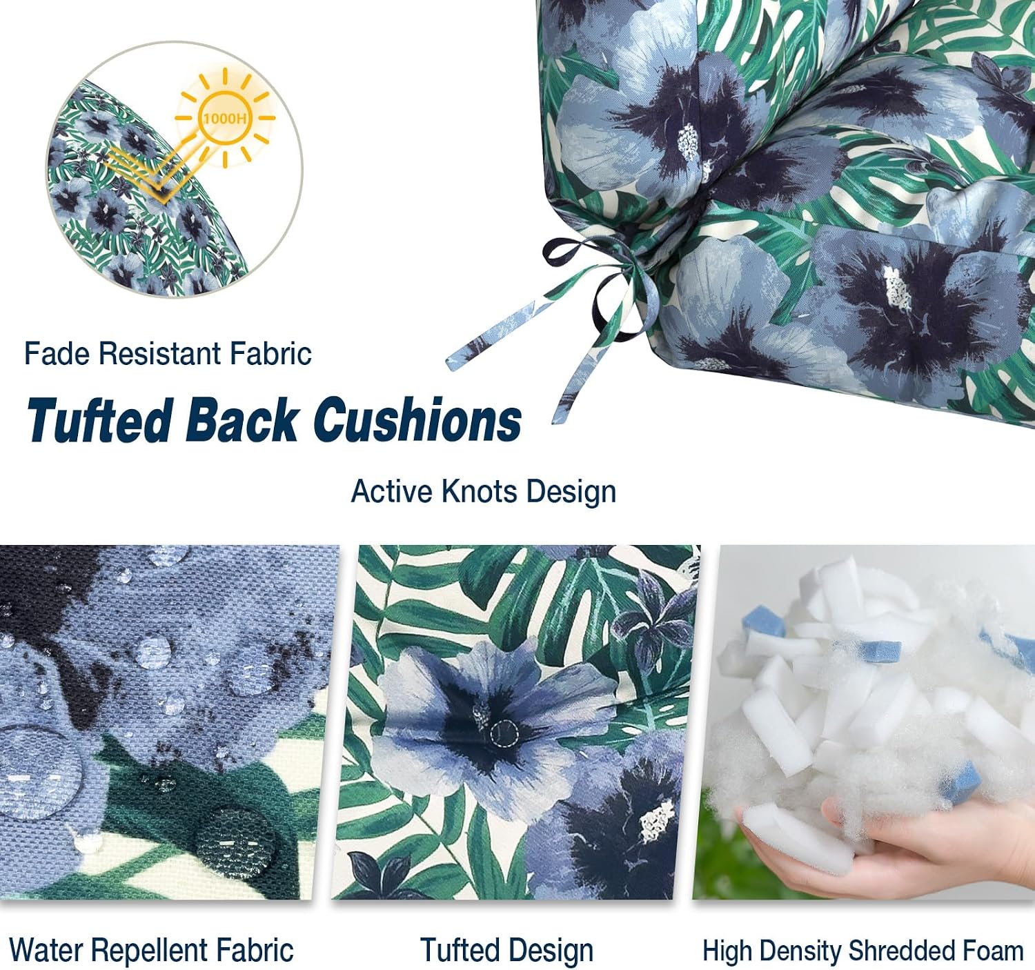 Outdoor Seat Chair Cushions, Tufted Back Patio Furniture Cushions Set of 2, Water Repellent Wicker Replacement for Home Garden Chairs, 42x21x4 Inch, Blue Salmone Tropical