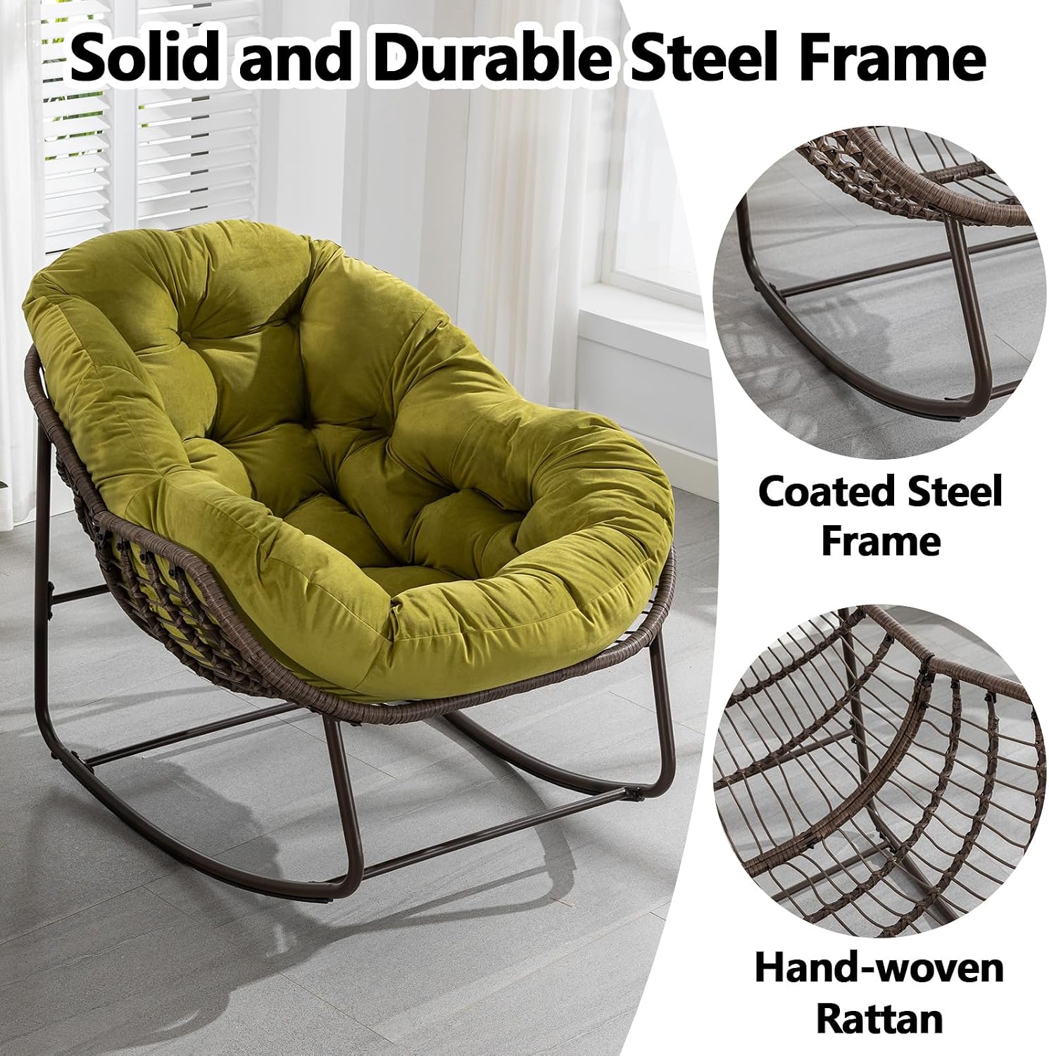 HRVEOCEI Papasan Rocking Chair with Cushion and Frame, Oversized Rocking Chair Indoor/Outdoor, Circle Chairs for Patio Garden Front Porch, Corduroy/Velvet (Olive)