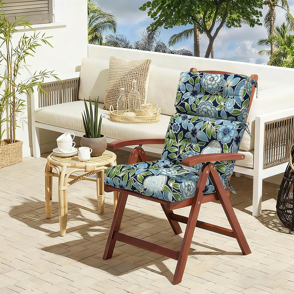 LVTXIII Outdoor Seat/Back Chair Cushion Patio Tufted High Back Cushion, Seasonal Replacement Rocking Chair Cushion with Ties, 22' W x 20D, Set of 2, Azure Botanical Symphony‌